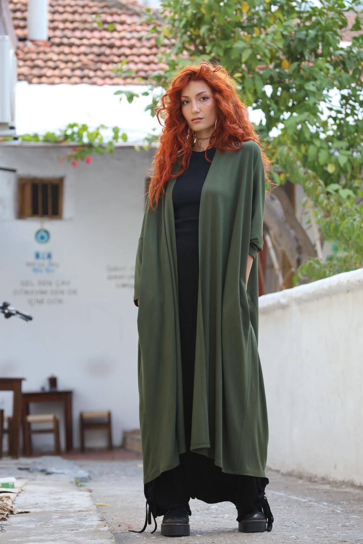 Haki Uzun Triko Hırka