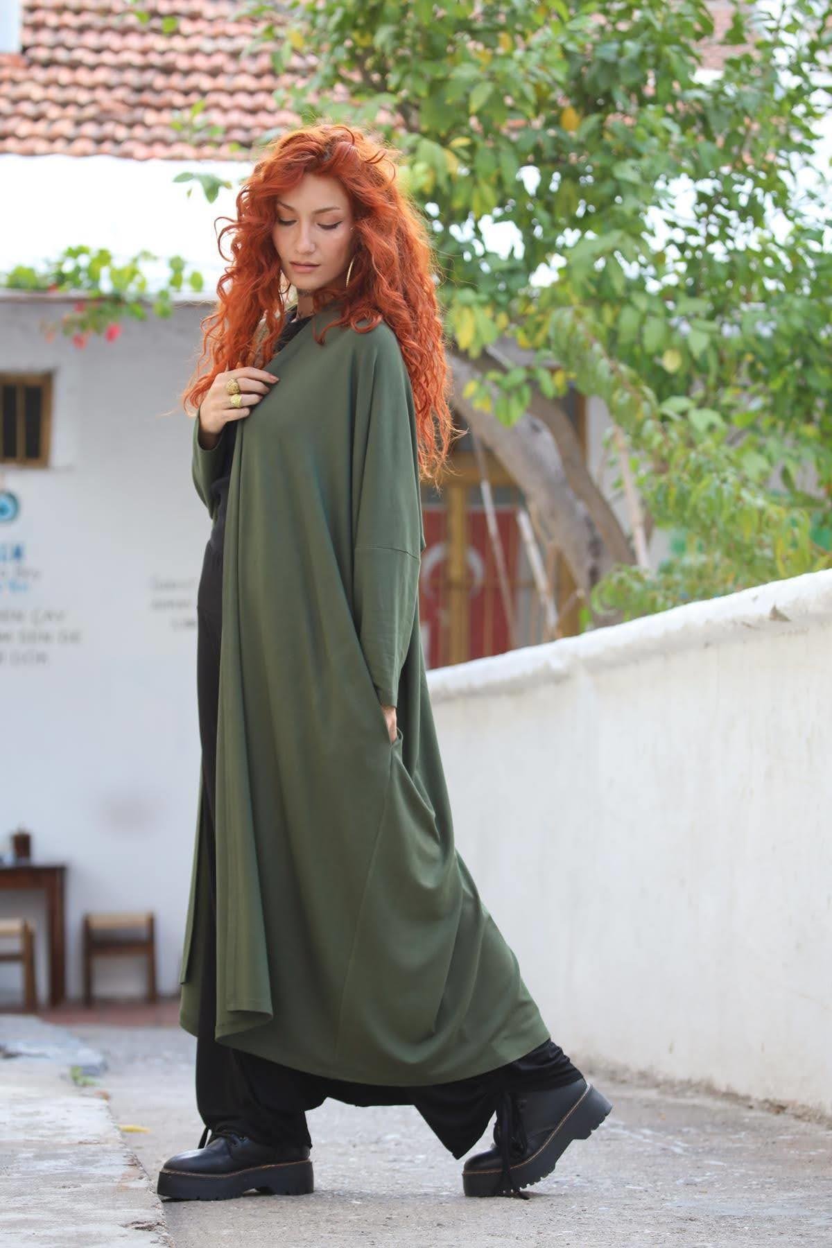 Haki Uzun Triko Hırka