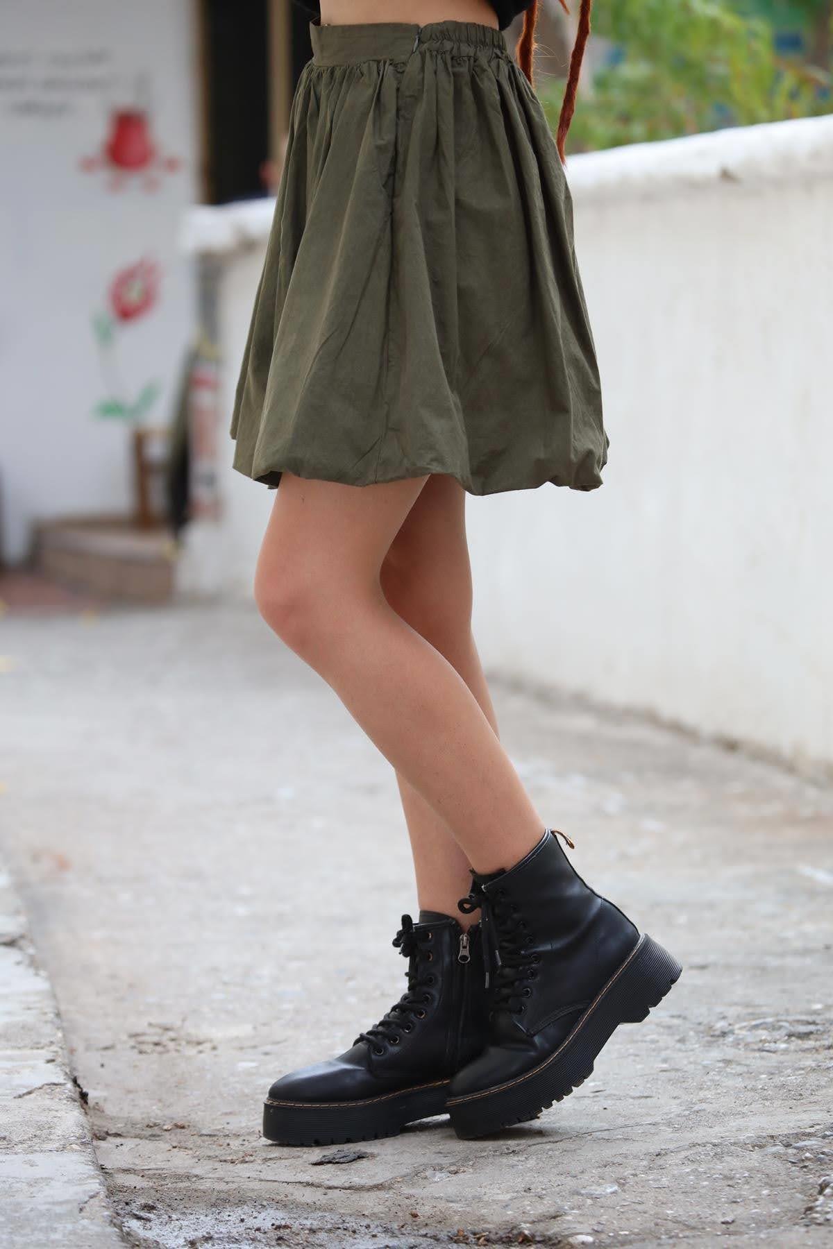 Haki Yandan Fermuarlı Mini Balon Etek