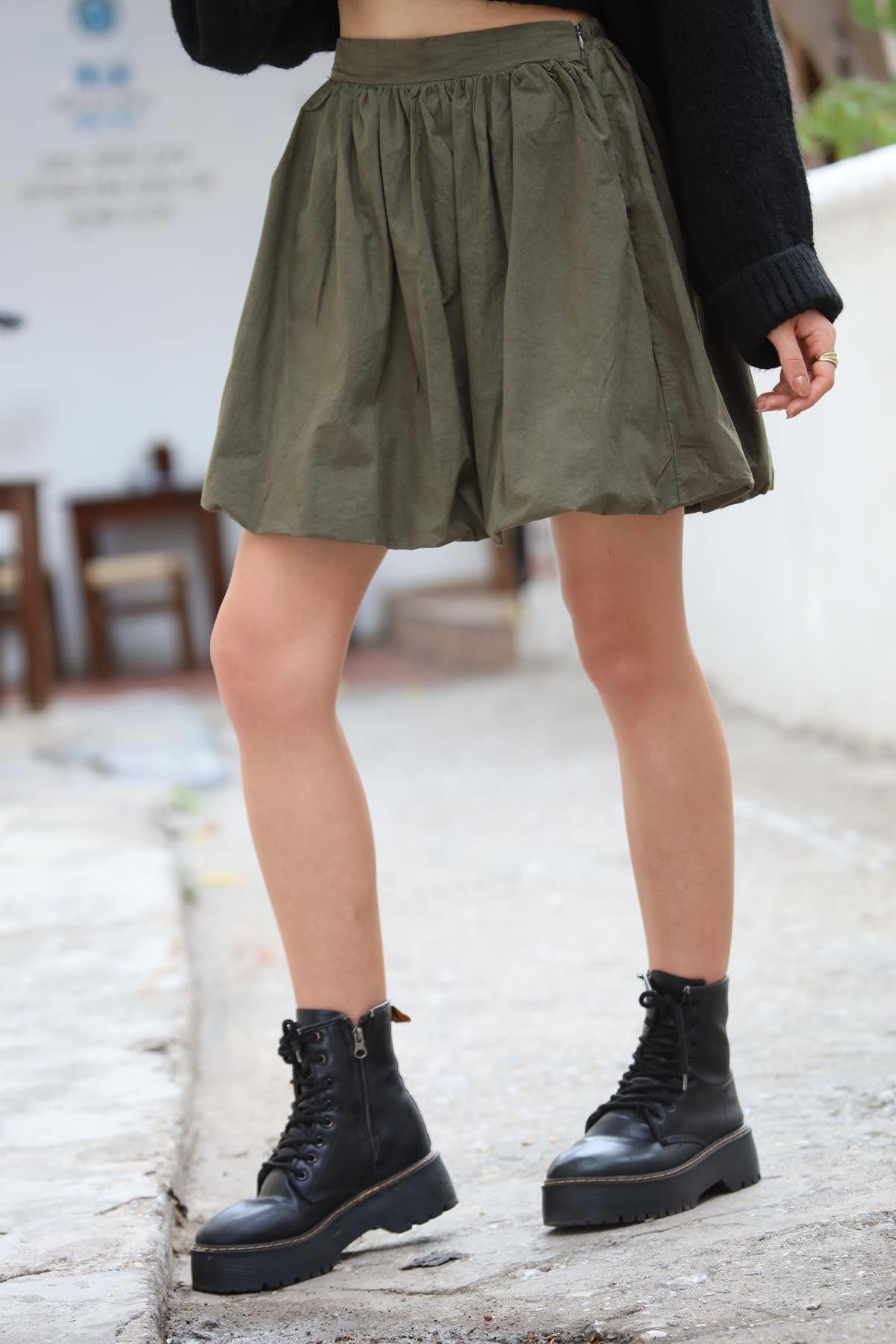 Haki Yandan Fermuarlı Mini Balon Etek