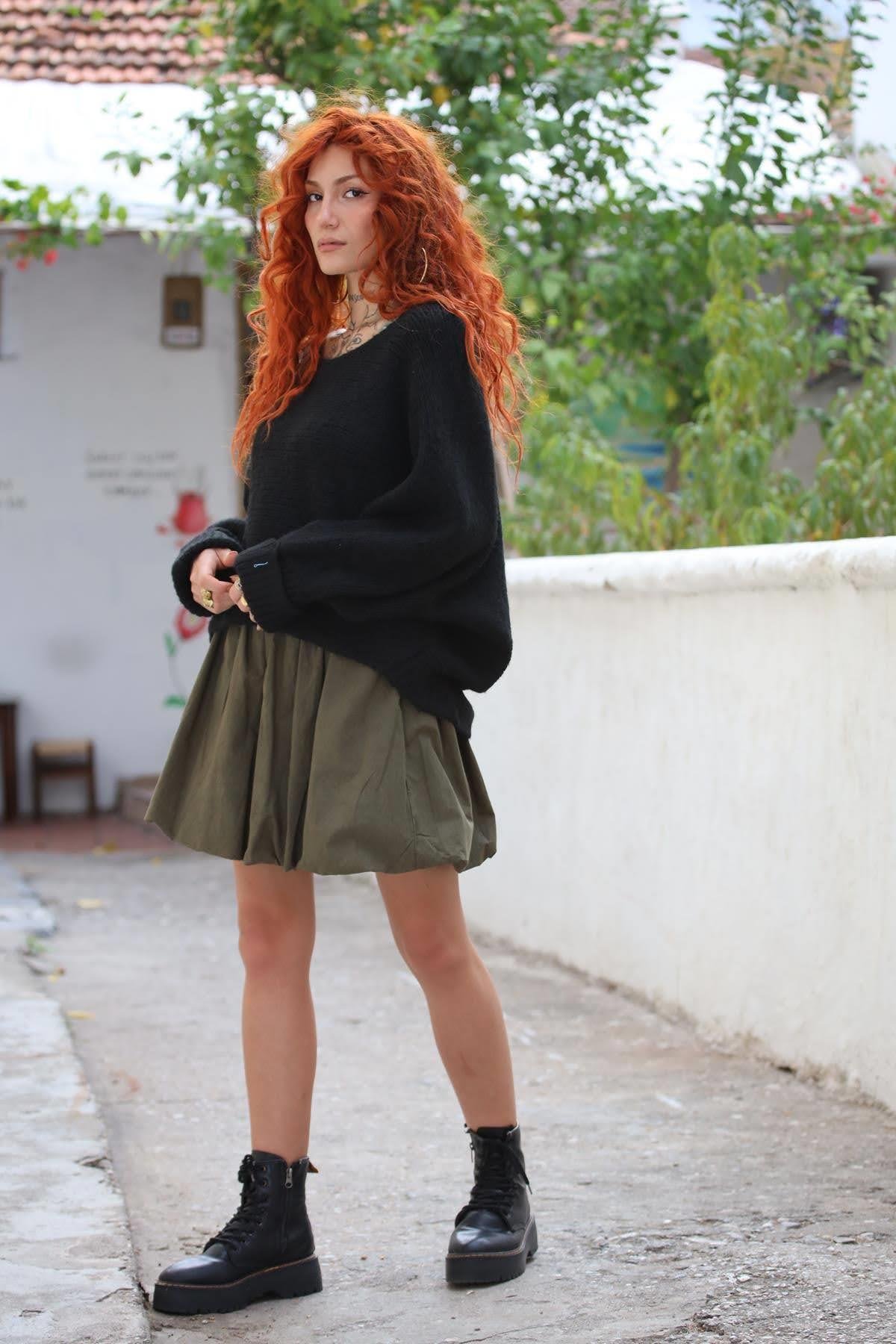 Haki Yandan Fermuarlı Mini Balon Etek