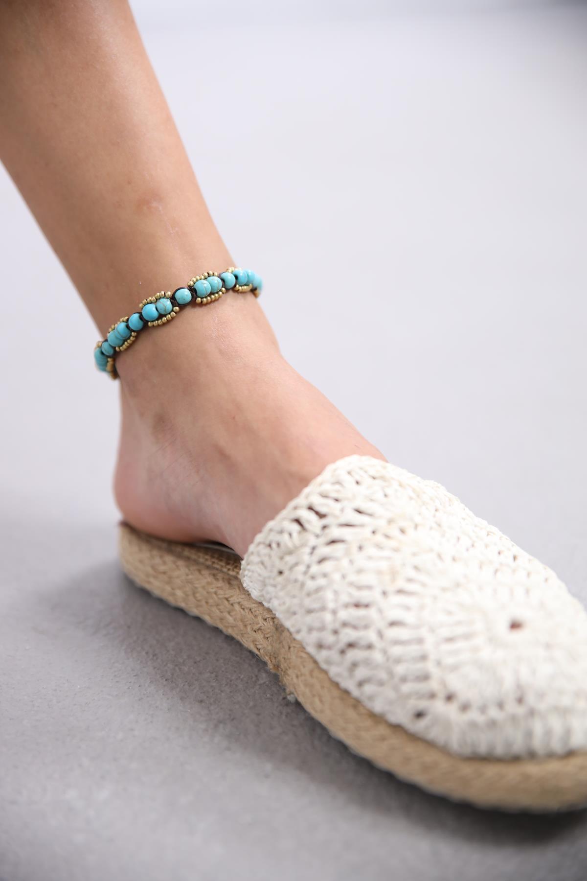 Bronz Boncuk Detaylı Turkuaz Taşlı Tasarım Halhal - Şaman Butik Bronz Boncuk Detaylı Turkuaz Taşlı Tasarım Halhal