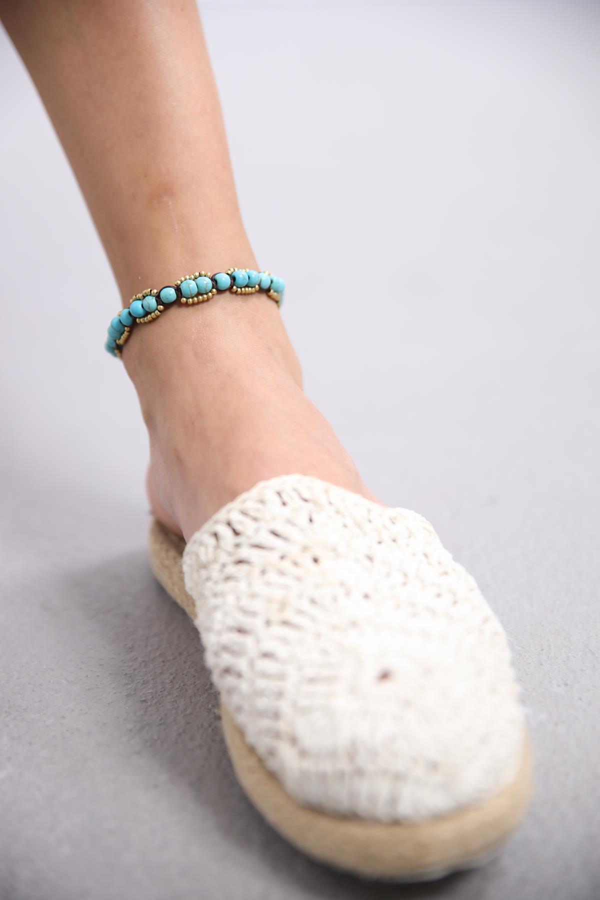 Bronz Boncuk Detaylı Turkuaz Taşlı Tasarım Halhal - Şaman Butik Bronz Boncuk Detaylı Turkuaz Taşlı Tasarım Halhal