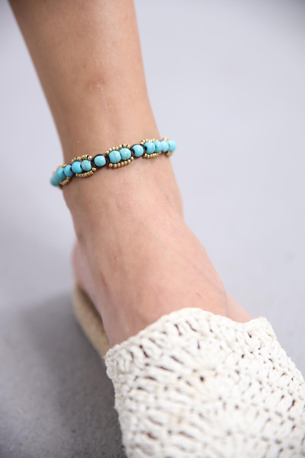 Bronz Boncuk Detaylı Turkuaz Taşlı Tasarım Halhal - Şaman Butik Bronz Boncuk Detaylı Turkuaz Taşlı Tasarım Halhal