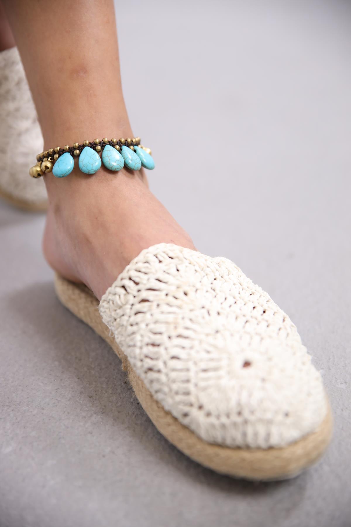 Bronz Boncuklu Damla Turkuaz Taşlı Tasarım Halhal - Şaman Butik Bronz Boncuklu Damla Turkuaz Taşlı Tasarım Halhal