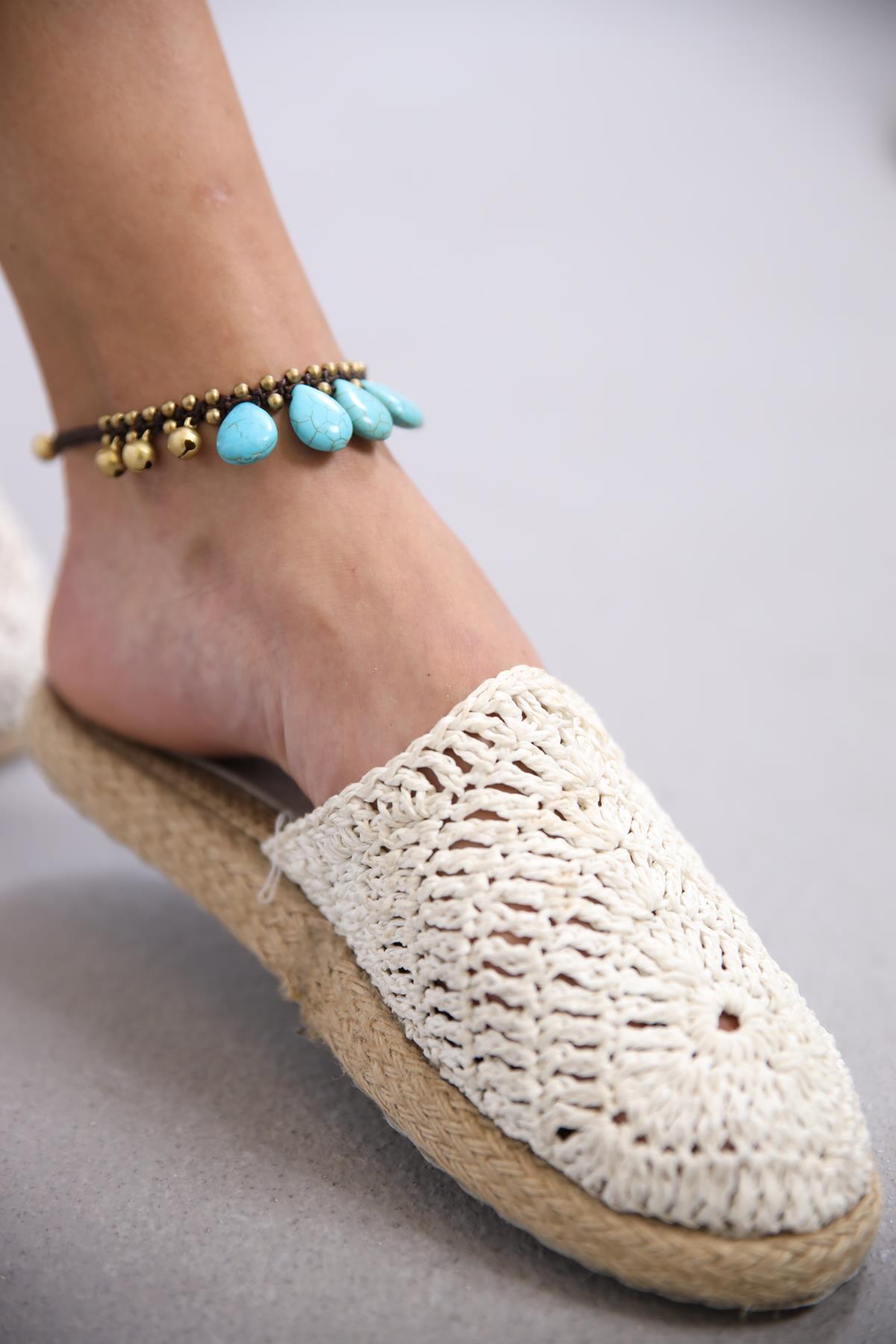 Bronz Boncuklu Damla Turkuaz Taşlı Tasarım Halhal - Şaman Butik Bronz Boncuklu Damla Turkuaz Taşlı Tasarım Halhal