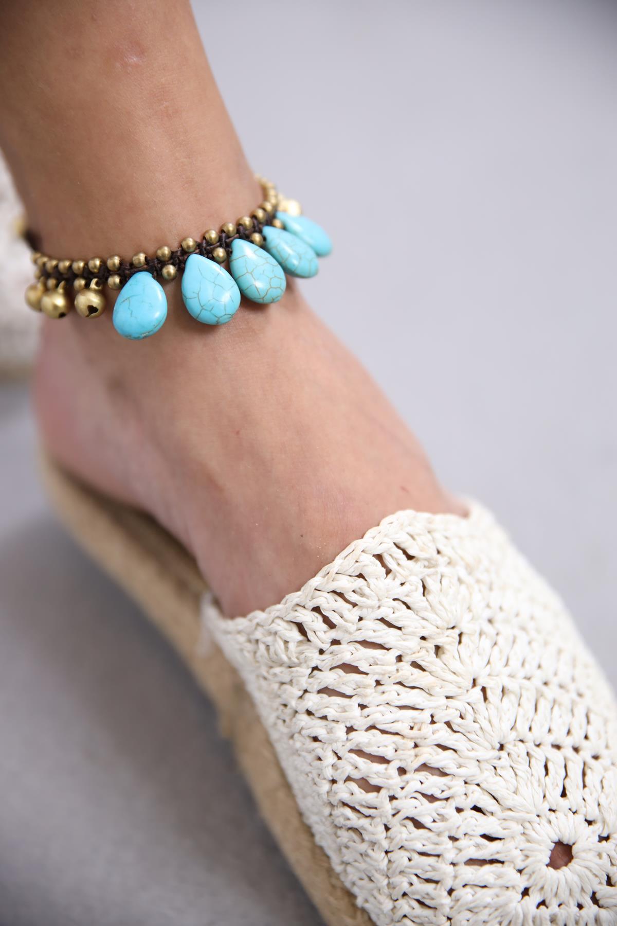 Bronz Boncuklu Damla Turkuaz Taşlı Tasarım Halhal - Şaman Butik Bronz Boncuklu Damla Turkuaz Taşlı Tasarım Halhal