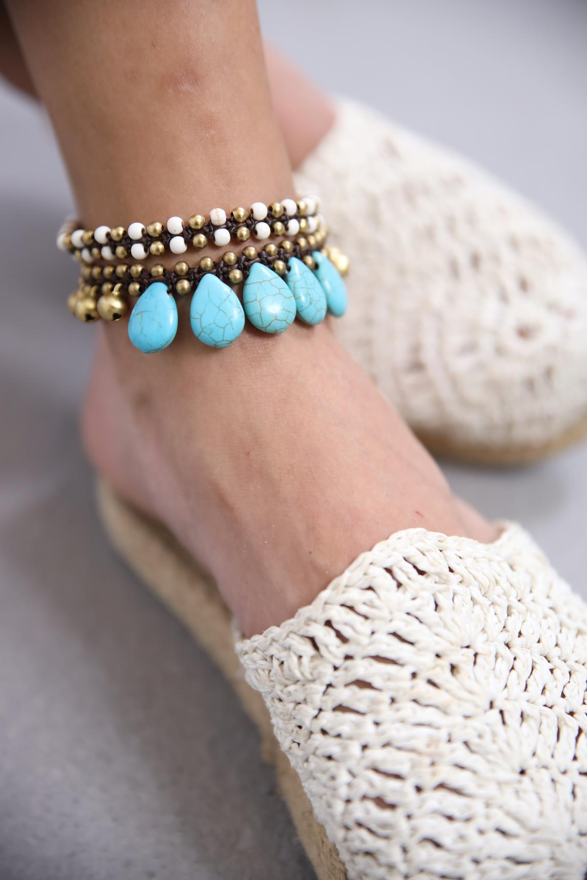 Bronz Boncuklu Tasarım Sallantılı Turkuaz Taş Detaylı Halhal - Şaman Butik Bronz Boncuklu Tasarım Sallantılı Turkuaz Taş Detaylı Halhal