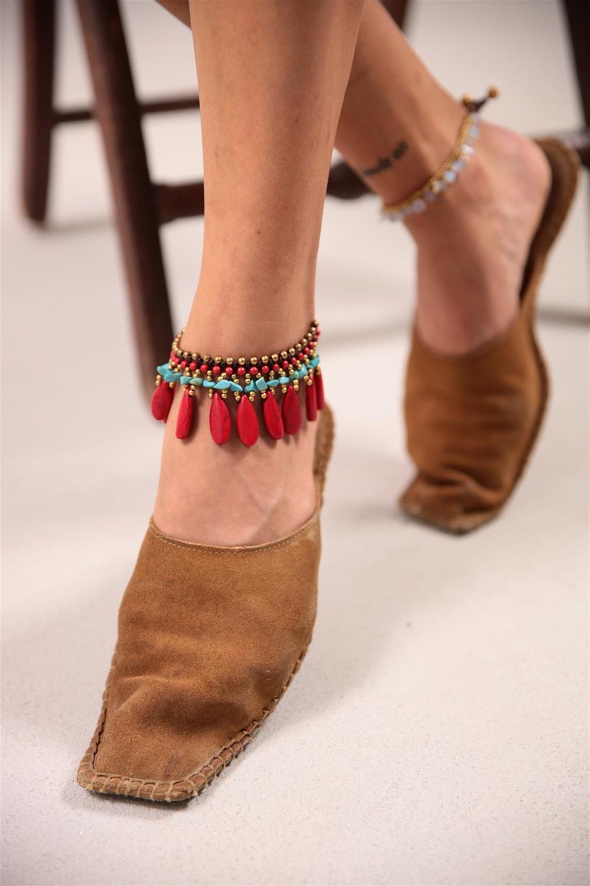  Bronz Mercan Ve Turkaz Doğal Taşlı Sallantılı Tasarım Halhal