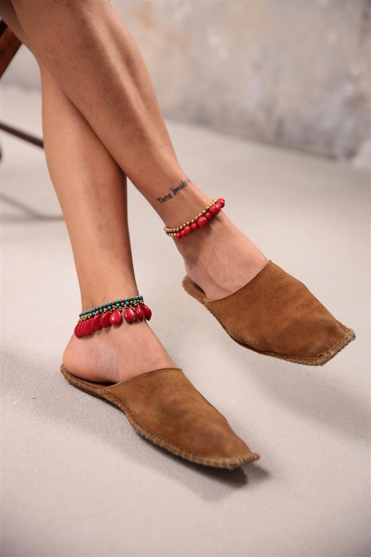  Bronz Mercan Ve Turkaz Taşlı Sallantılı Damla Tasarım Halhal