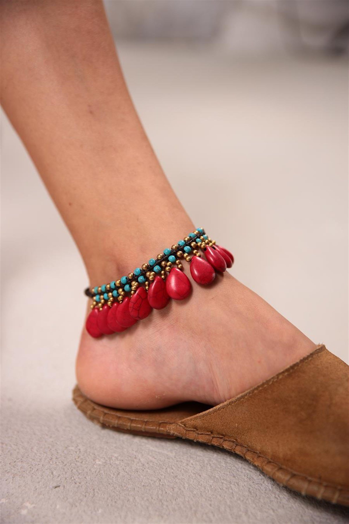  Bronz Mercan Ve Turkaz Taşlı Sallantılı Damla Tasarım Halhal