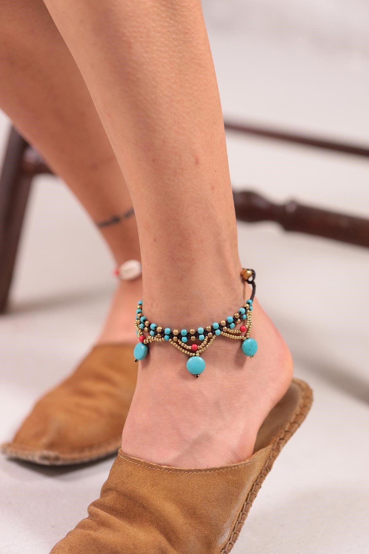 Bronz Turkuaz Taşı Sallantılı Tasarım Halhal - Şaman Butik Bronz Turkuaz Taşı Sallantılı Tasarım Halhal