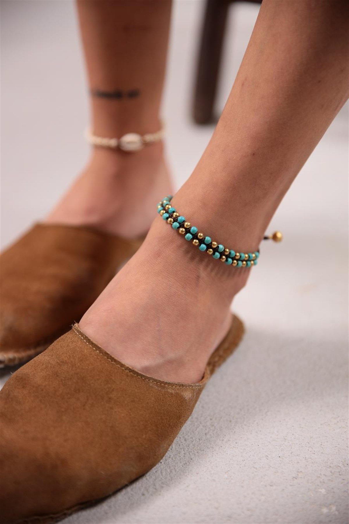  Bronz Turkuaz Taşlı İki Sıra Tasarım Halhal