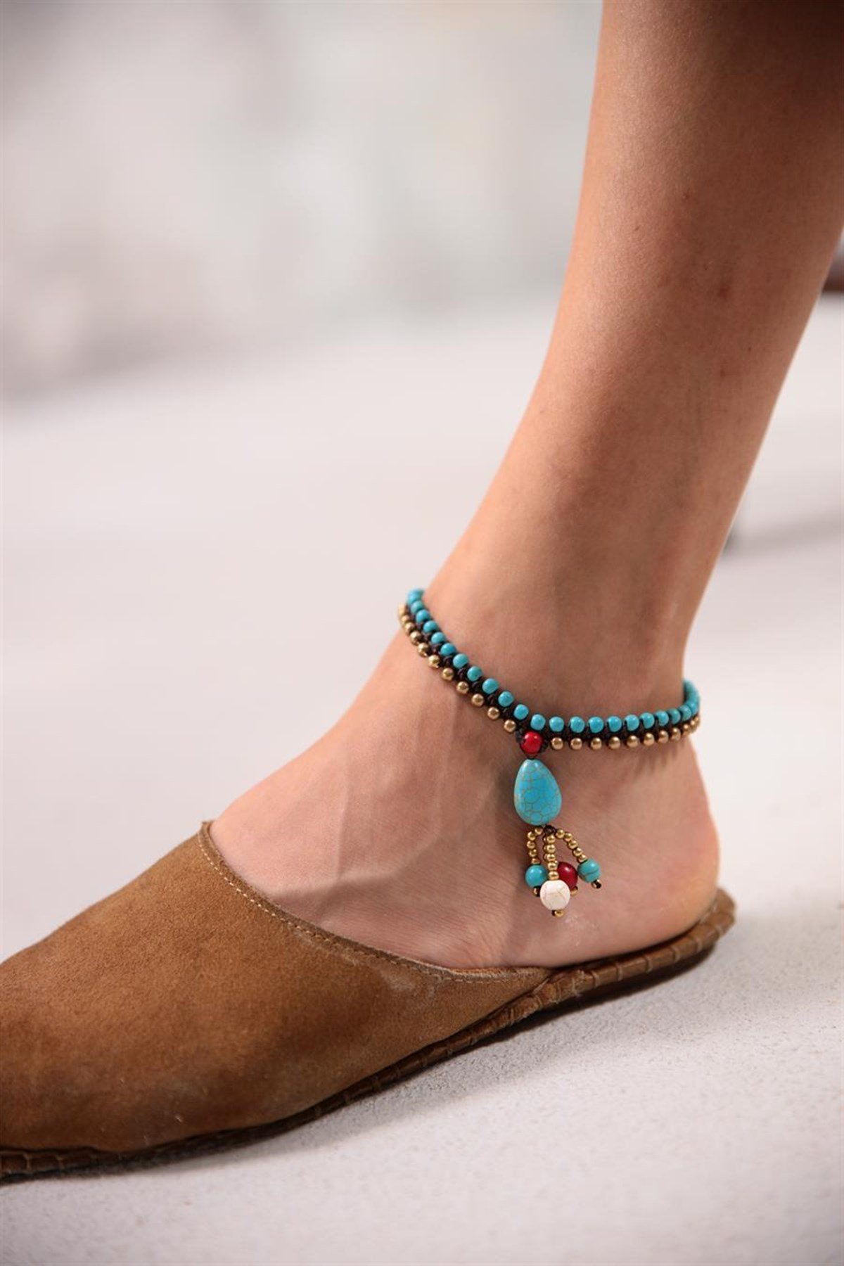  Bronz Turkuaz Taşlı Sallantılı Boncuk Tasarım Halhal