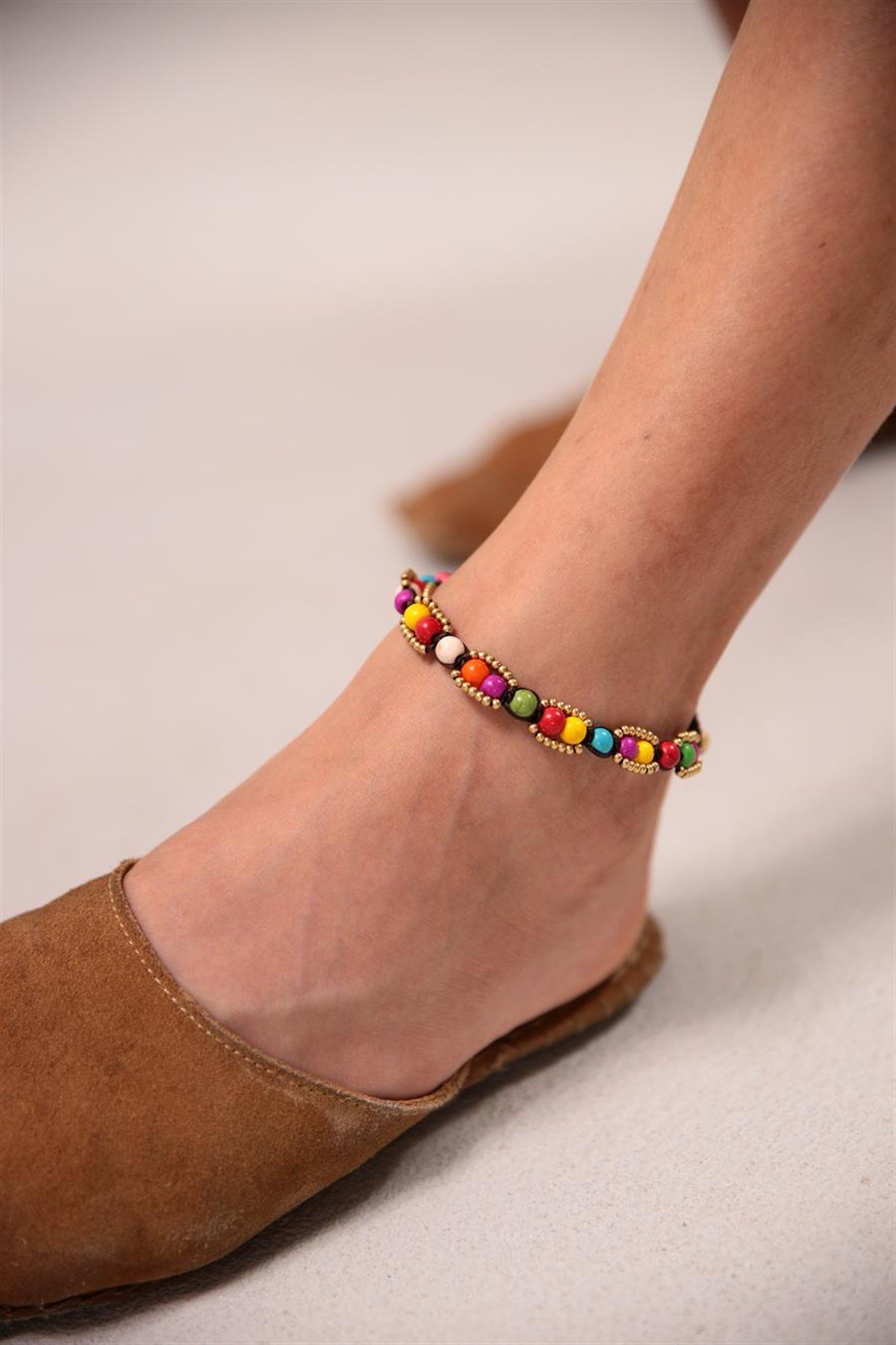  Bronz Ve Renkli Doğal Taşlı İki Sıra Tasarım Halhal