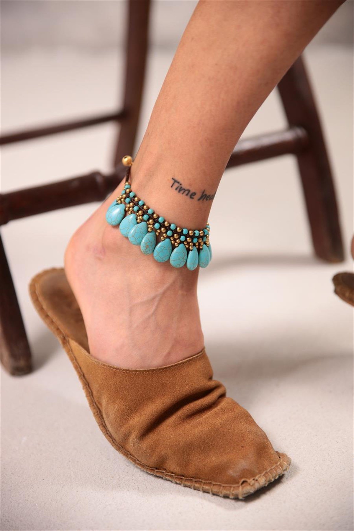  Bronz Ve Turkuaz Doğal Taşlı Sallantılı Damla Tasarım Halhal