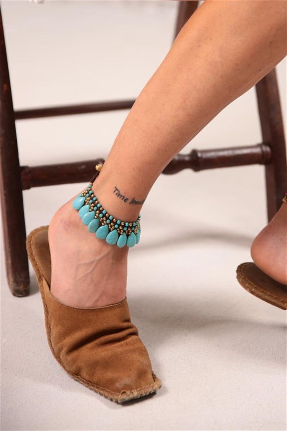  Bronz Ve Turkuaz Doğal Taşlı Sallantılı Damla Tasarım Halhal