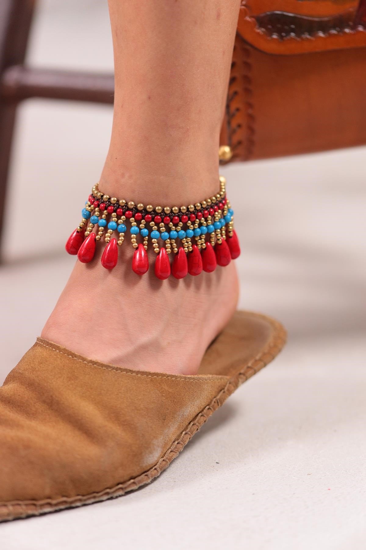 Damla Tasarım Mercan Taşlı Bronz Parçalı Halhal - Şaman Butik Damla Tasarım Mercan Taşlı Bronz Parçalı Halhal