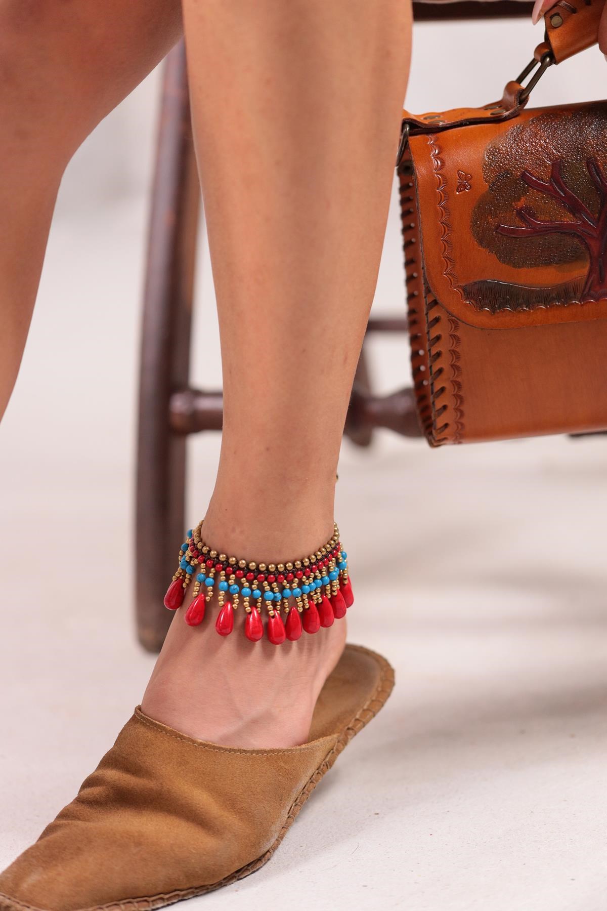 Damla Tasarım Mercan Taşlı Bronz Parçalı Halhal - Şaman Butik Damla Tasarım Mercan Taşlı Bronz Parçalı Halhal