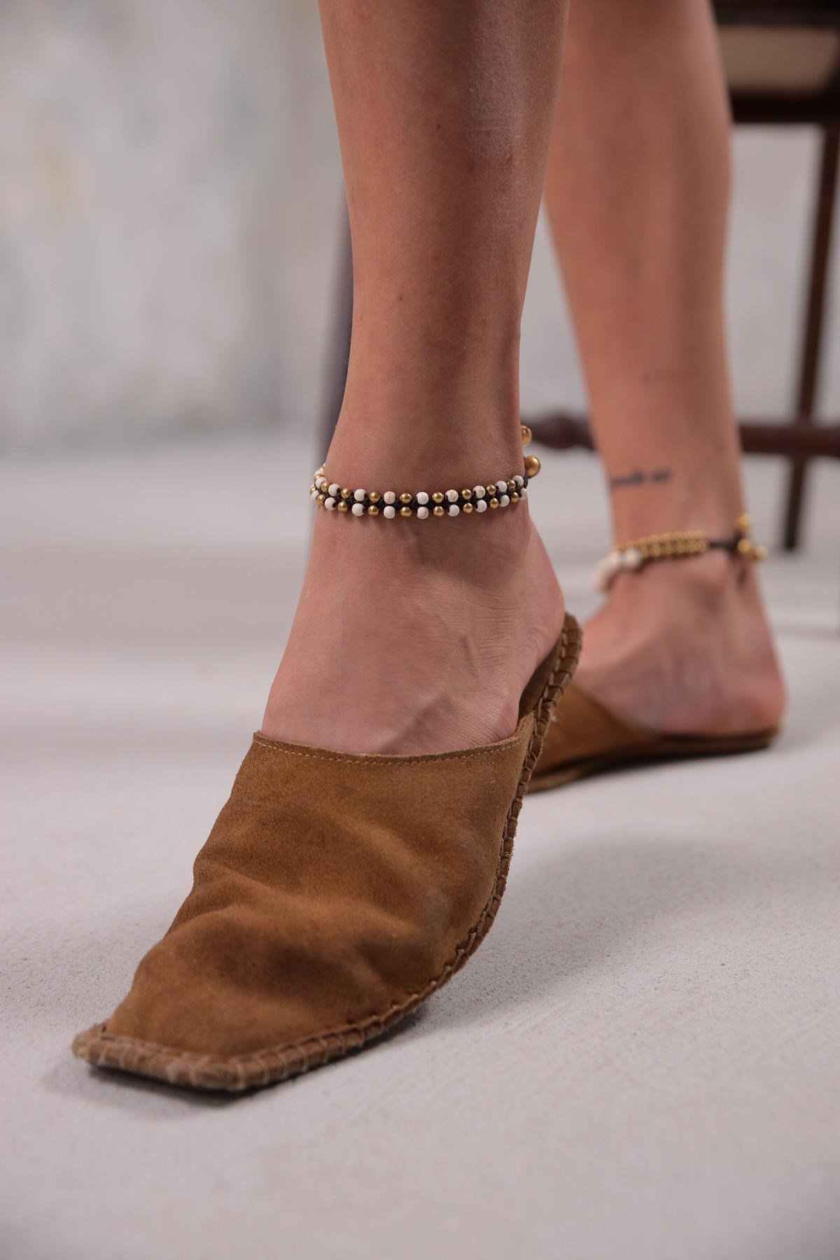 İki Sıra Bronz Kemik Taşı Tasarım Halhal - Şaman Butik İki Sıra Bronz Kemik Taşı Tasarım Halhal