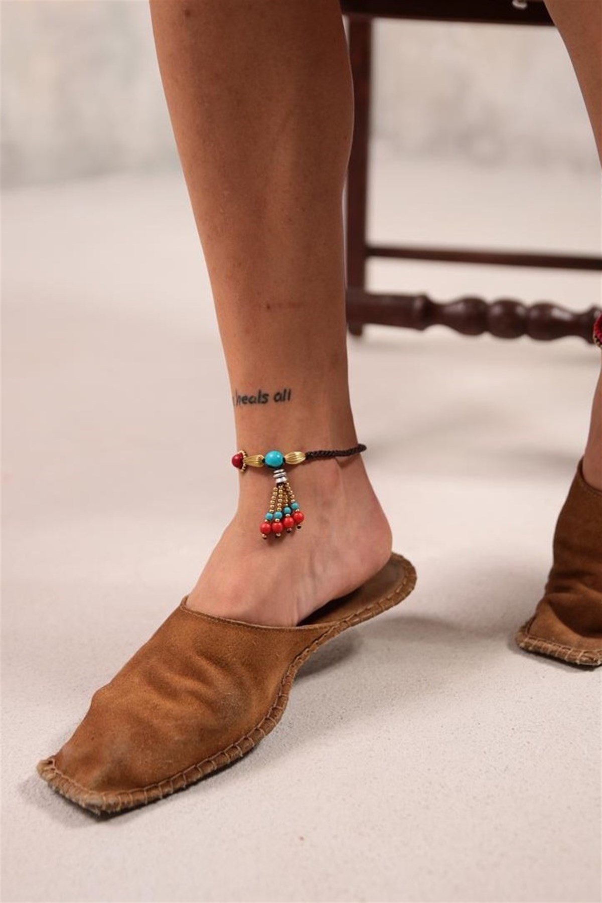  Mercan Turkuaz Taş Bronz Püskül Detaylı Tasarım Halhal