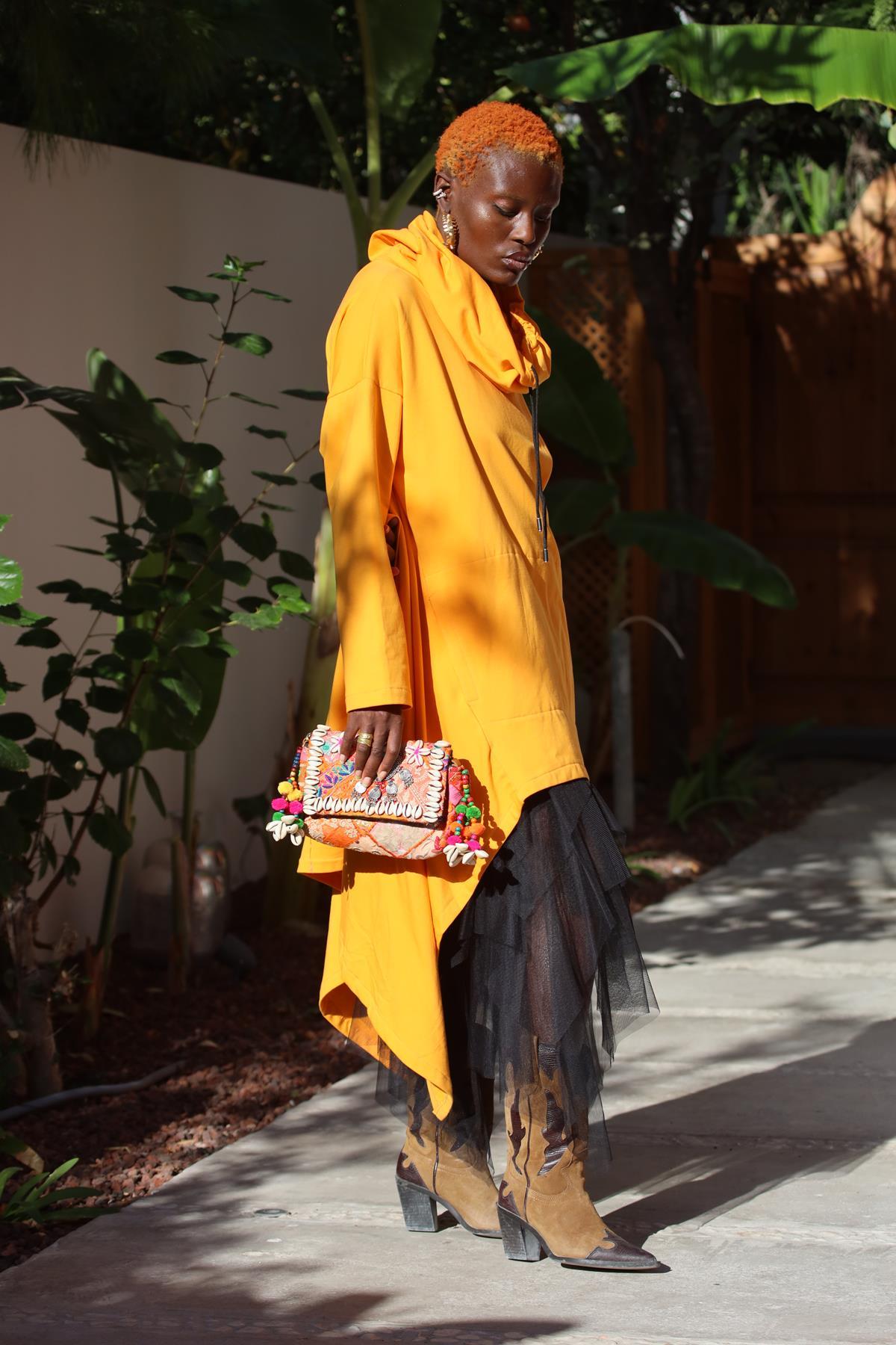 Mustard Asymmetric Cut Turtleneck Poncho Sweat