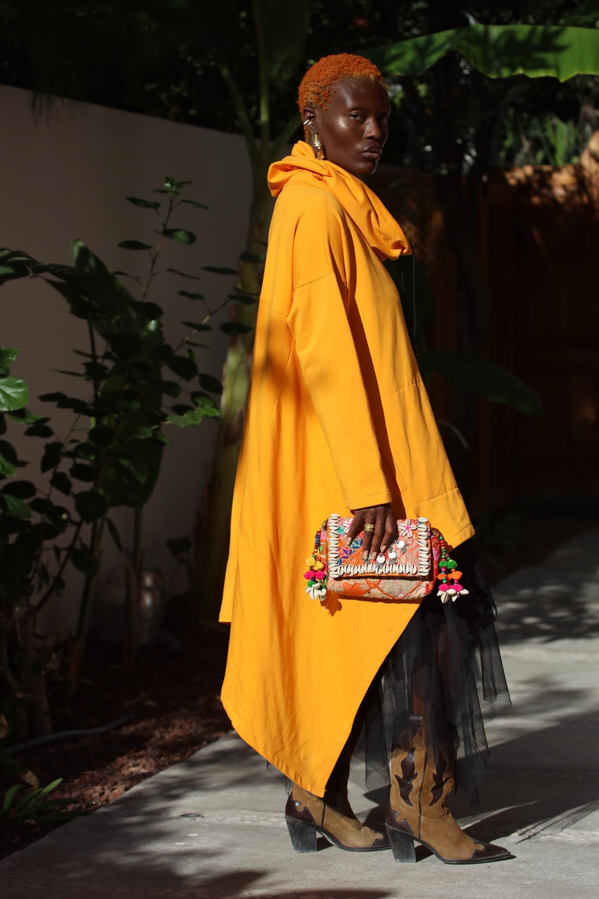 Mustard Asymmetric Cut Turtleneck Poncho Sweat