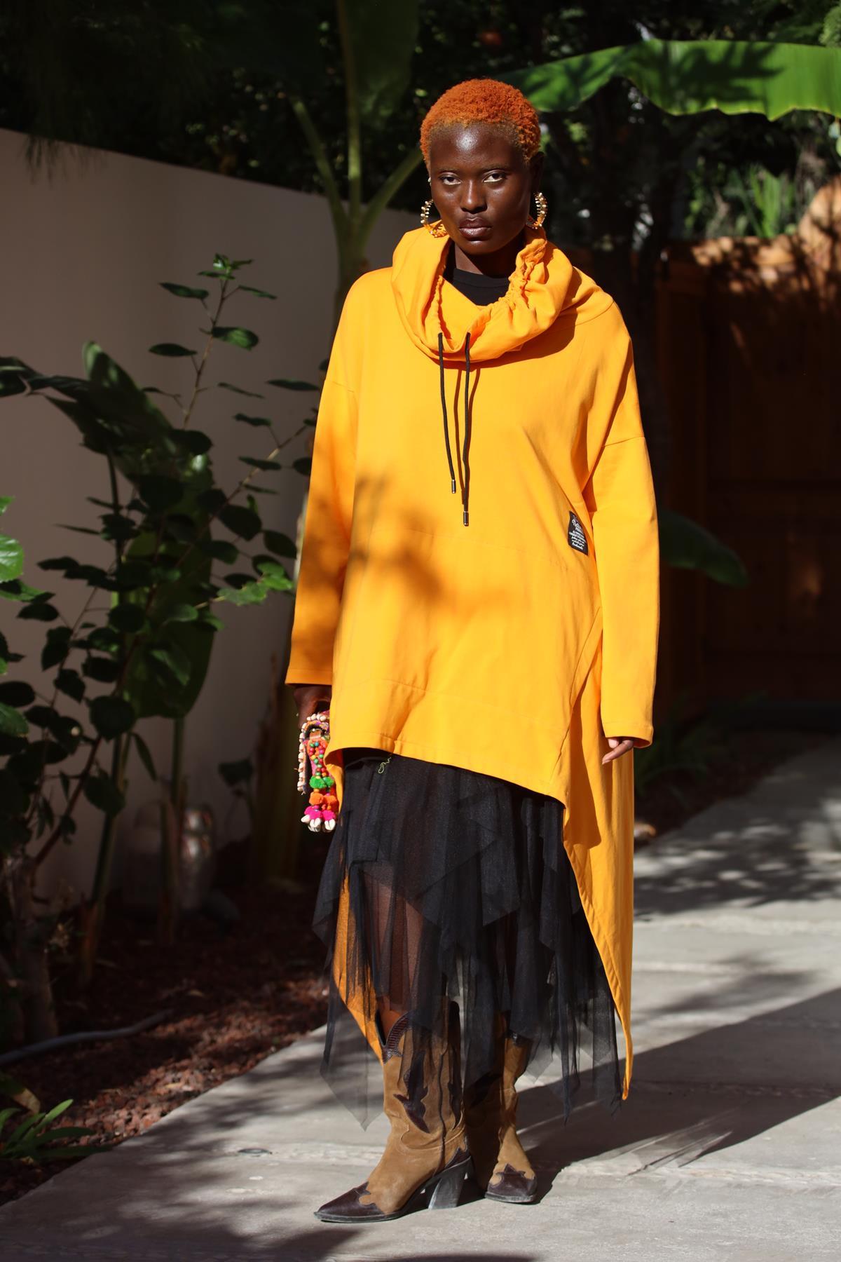 Mustard Asymmetric Cut Turtleneck Poncho Sweat