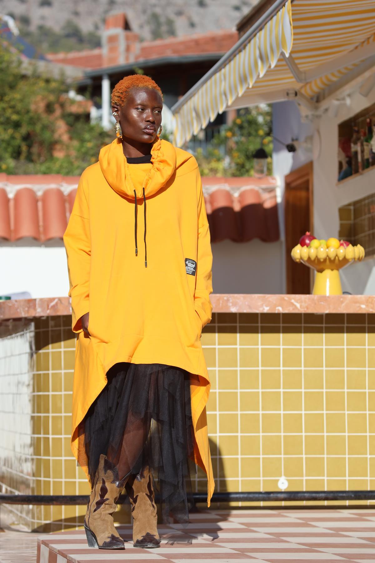 Mustard Asymmetric Cut Turtleneck Poncho Sweat