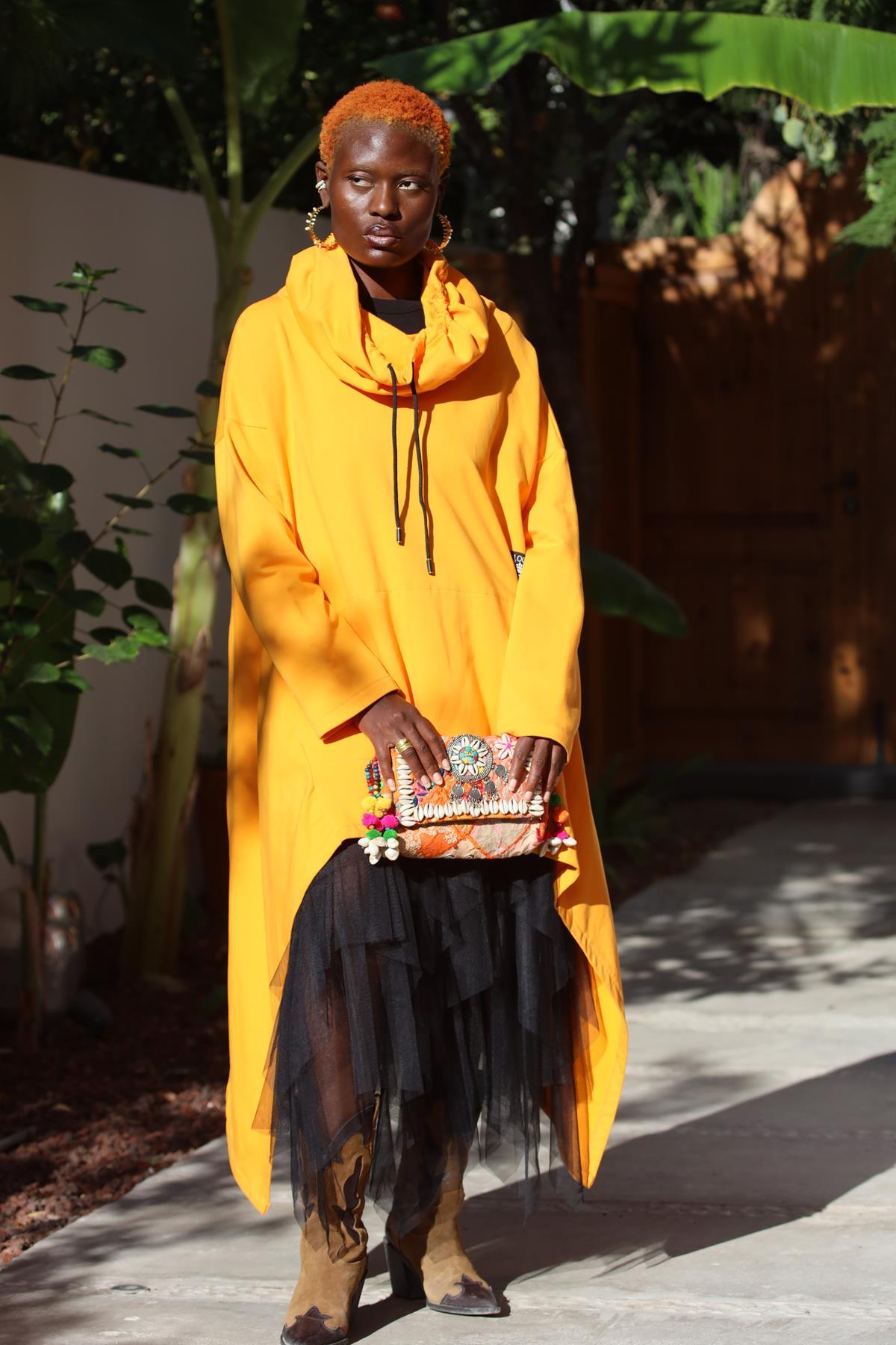 Mustard Asymmetric Cut Turtleneck Poncho Sweat