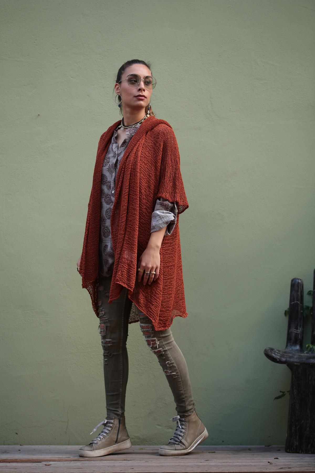  Kiremit Rengi Kapüşonlu Merserize Hırka