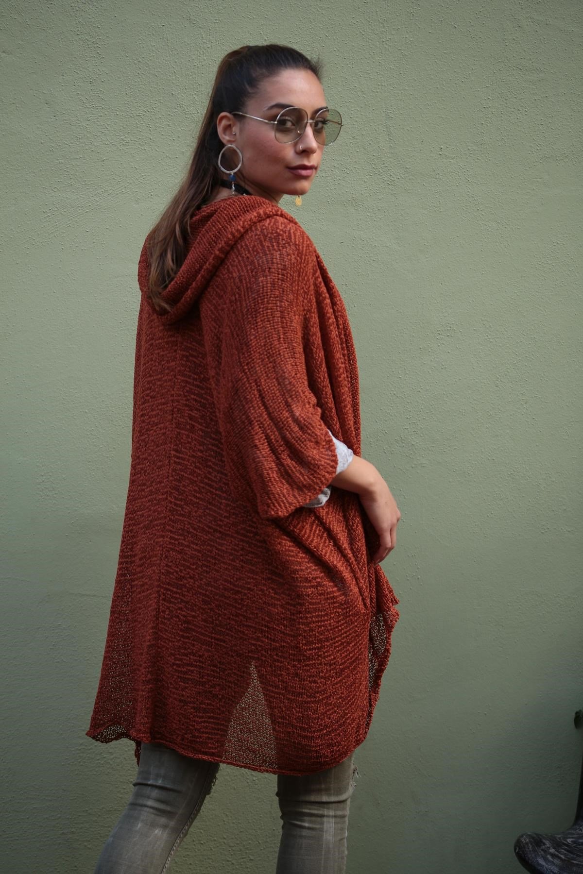  Kiremit Rengi Kapüşonlu Merserize Hırka