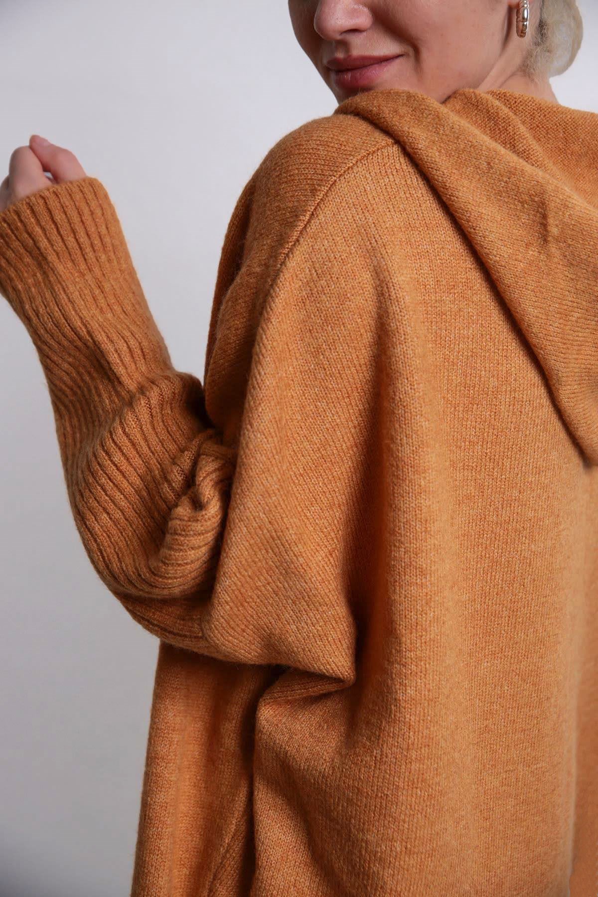 Navy Blue Floral Stitched Waist Shirt Dress - Şaman Butik Tan Color Double Pocket Cardigan with Hood