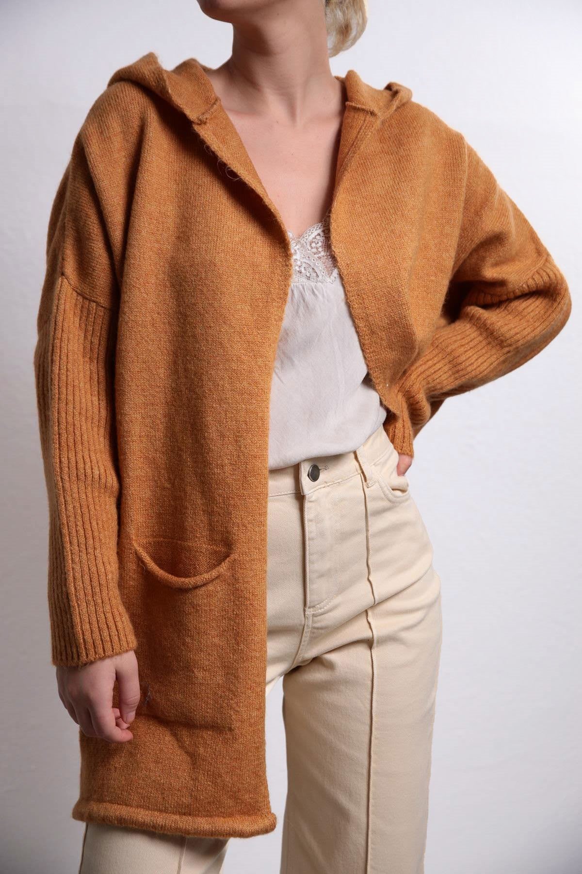 Navy Blue Floral Stitched Waist Shirt Dress - Şaman Butik Tan Color Double Pocket Cardigan with Hood