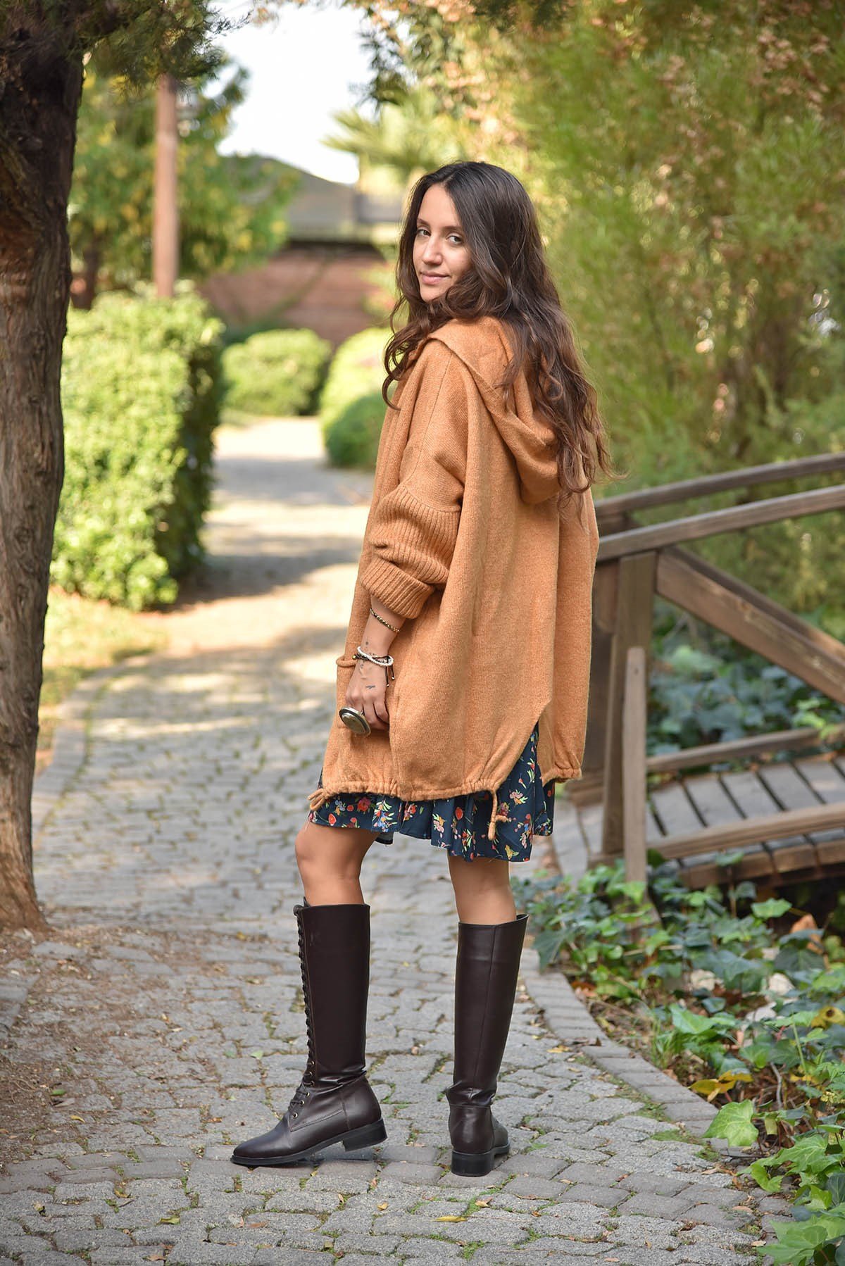 Navy Blue Floral Stitched Waist Shirt Dress - Şaman Butik Tan Color Double Pocket Cardigan with Hood