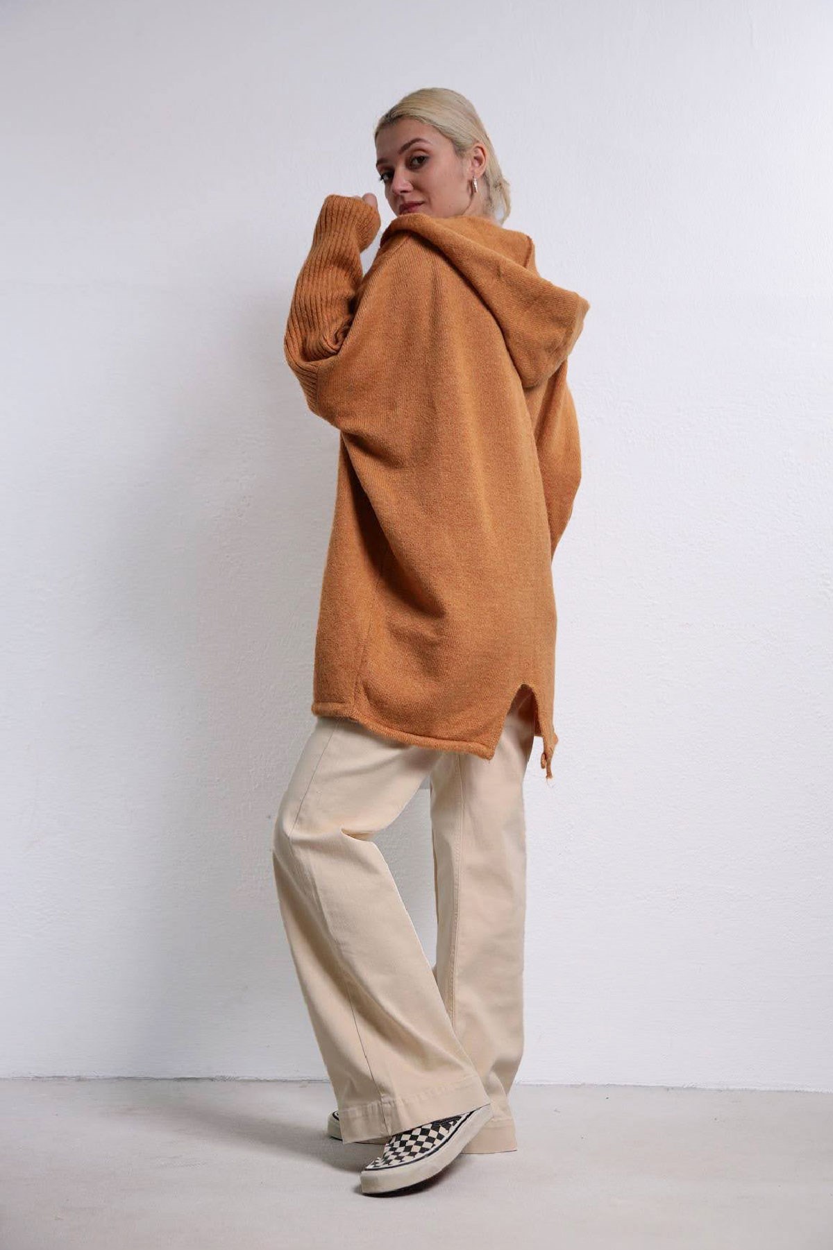 Navy Blue Floral Stitched Waist Shirt Dress - Şaman Butik Tan Color Double Pocket Cardigan with Hood