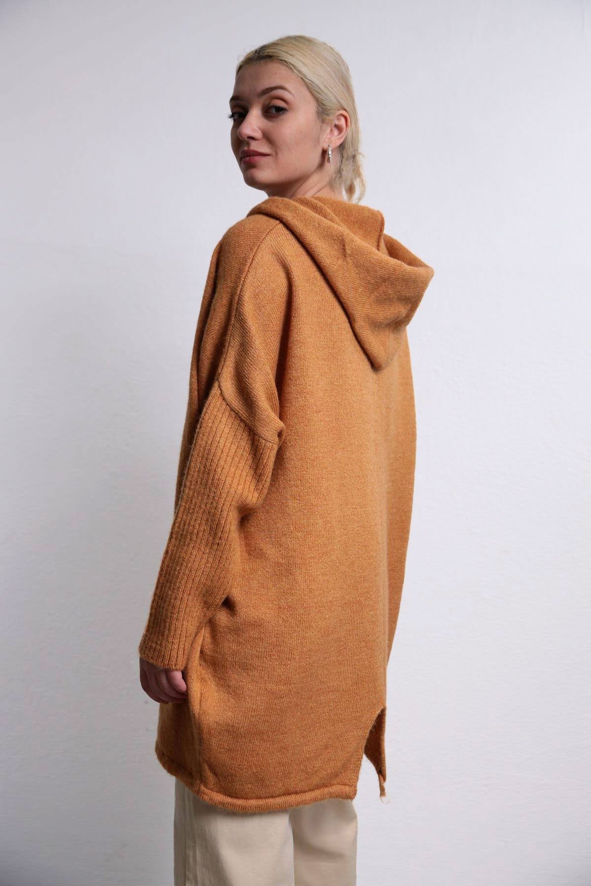 Navy Blue Floral Stitched Waist Shirt Dress - Şaman Butik Tan Color Double Pocket Cardigan with Hood