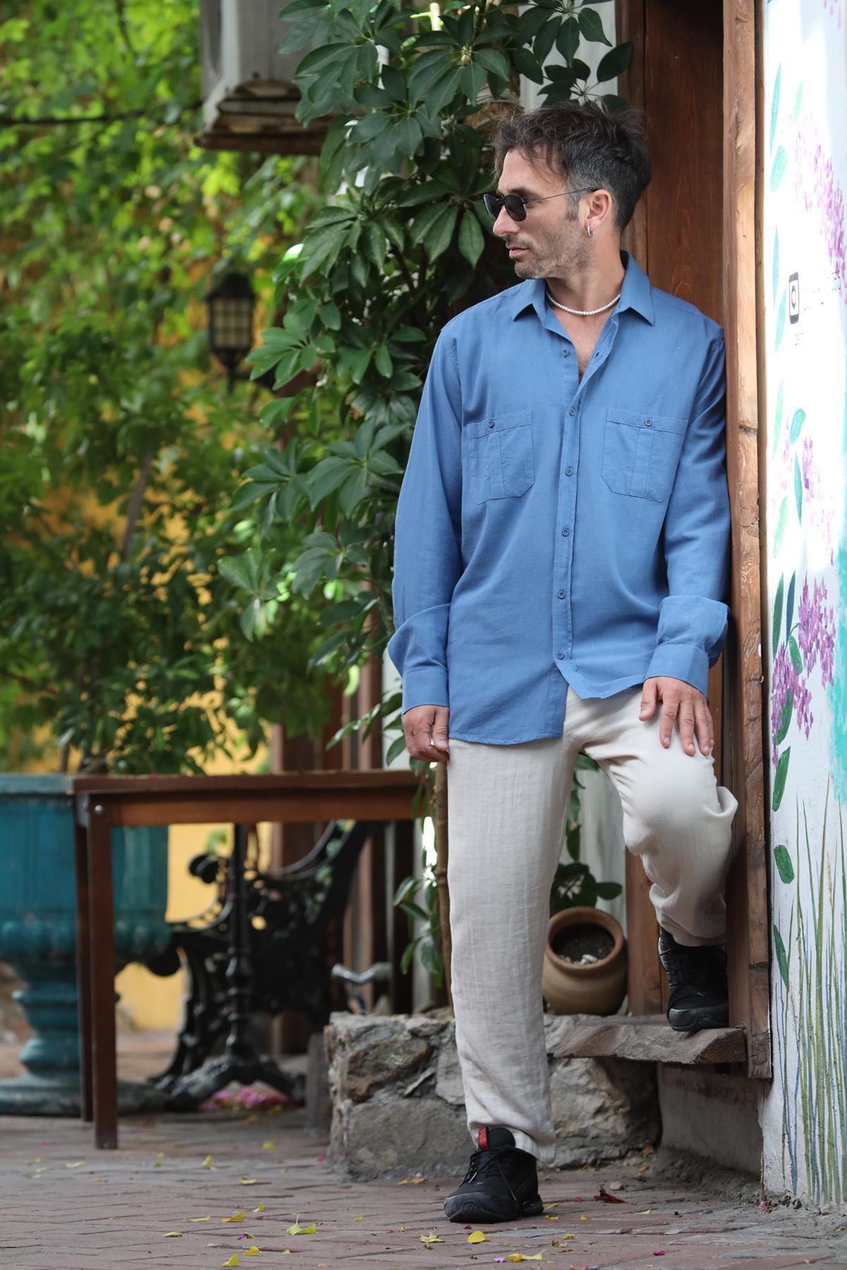 İndigo Mavi Çift Cepli Uzun Kollu Erkek Gömlek