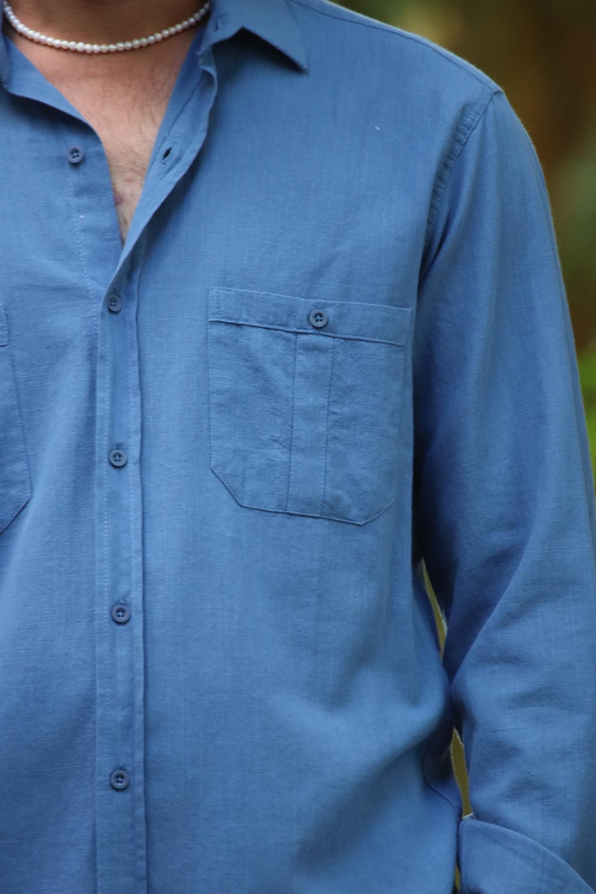 İndigo Mavi Çift Cepli Uzun Kollu Erkek Gömlek