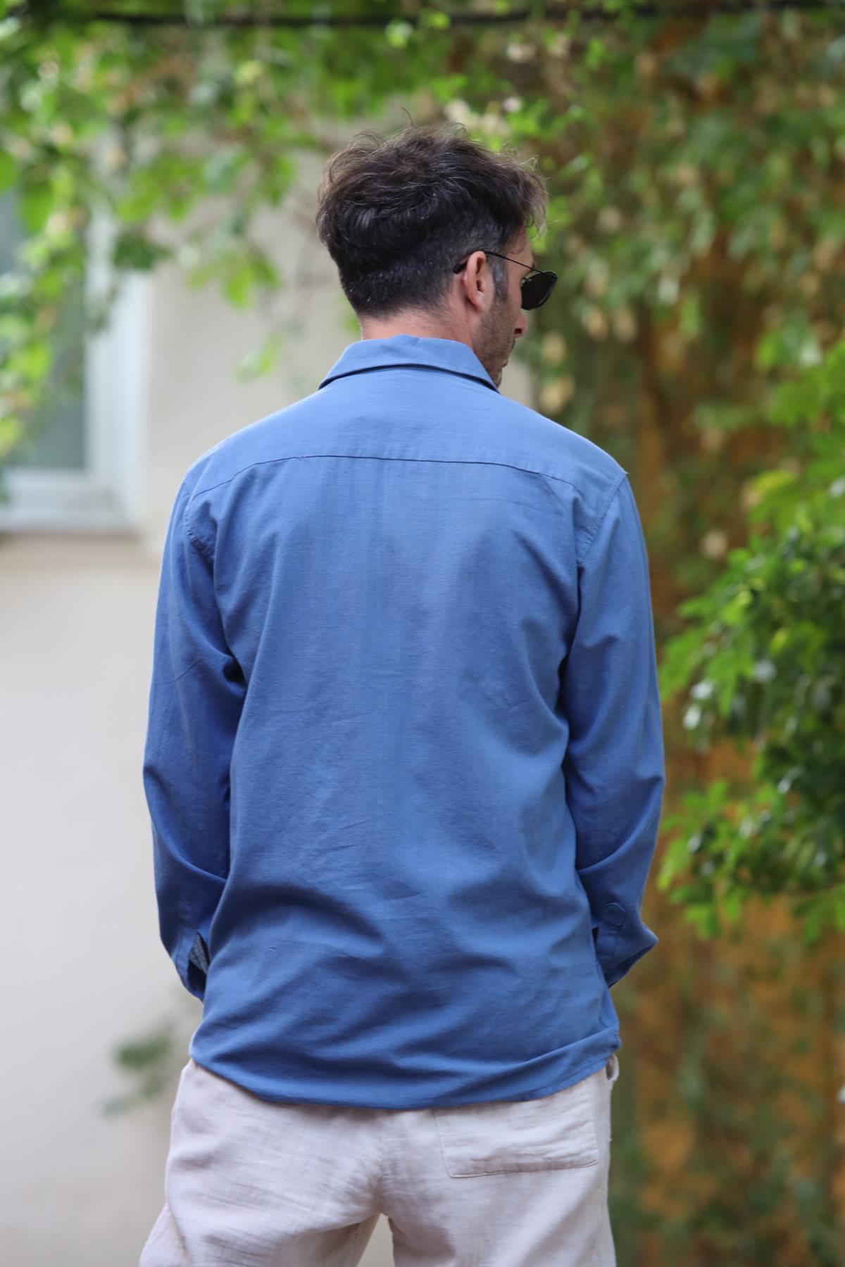 İndigo Mavi Çift Cepli Uzun Kollu Erkek Gömlek