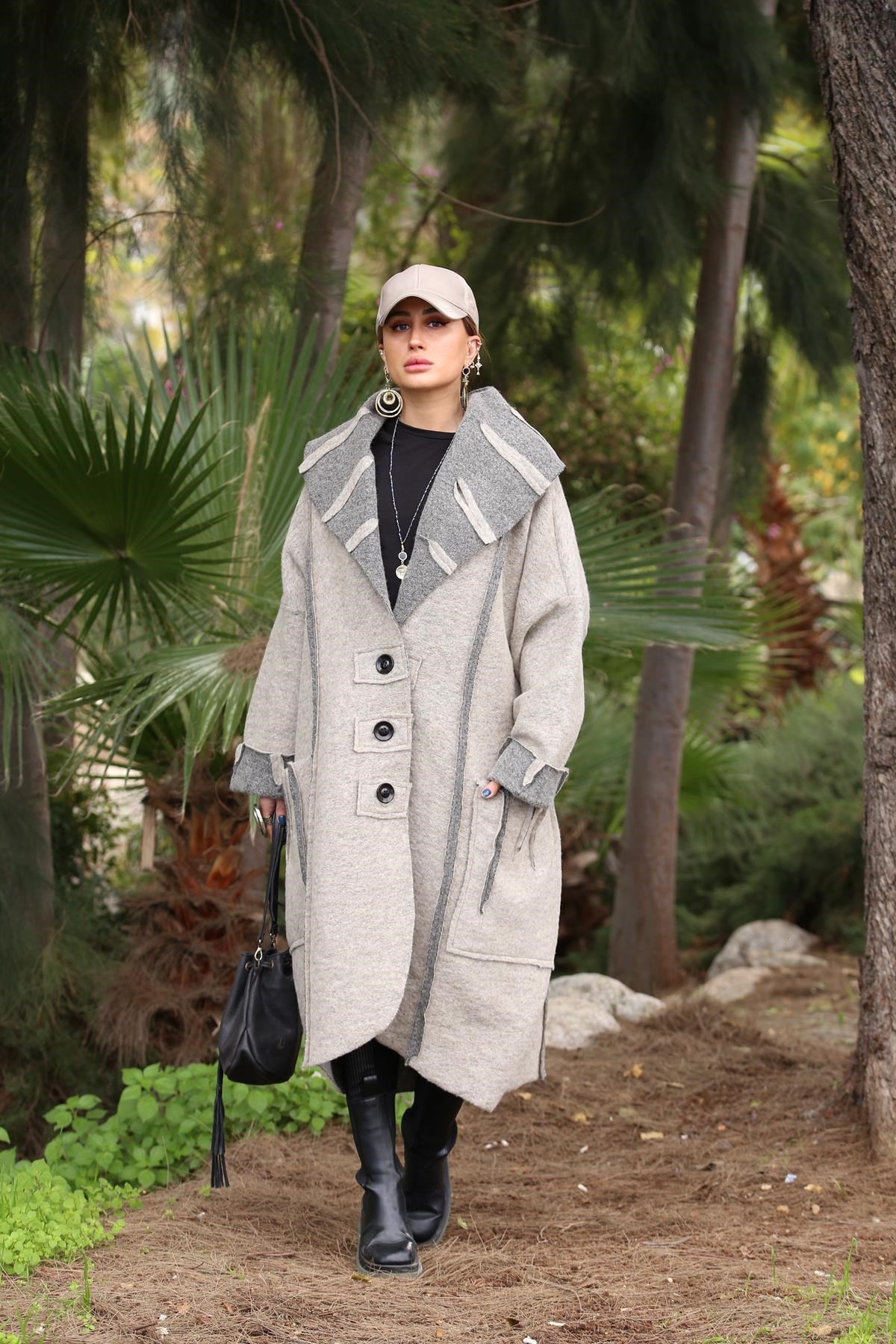 Grey Shawl Collar Big Pocket Three Button Felt Topcoat - Saman Butik | Shop Online Grey Shawl Collar Big Pocket Three Button Felt Topcoat