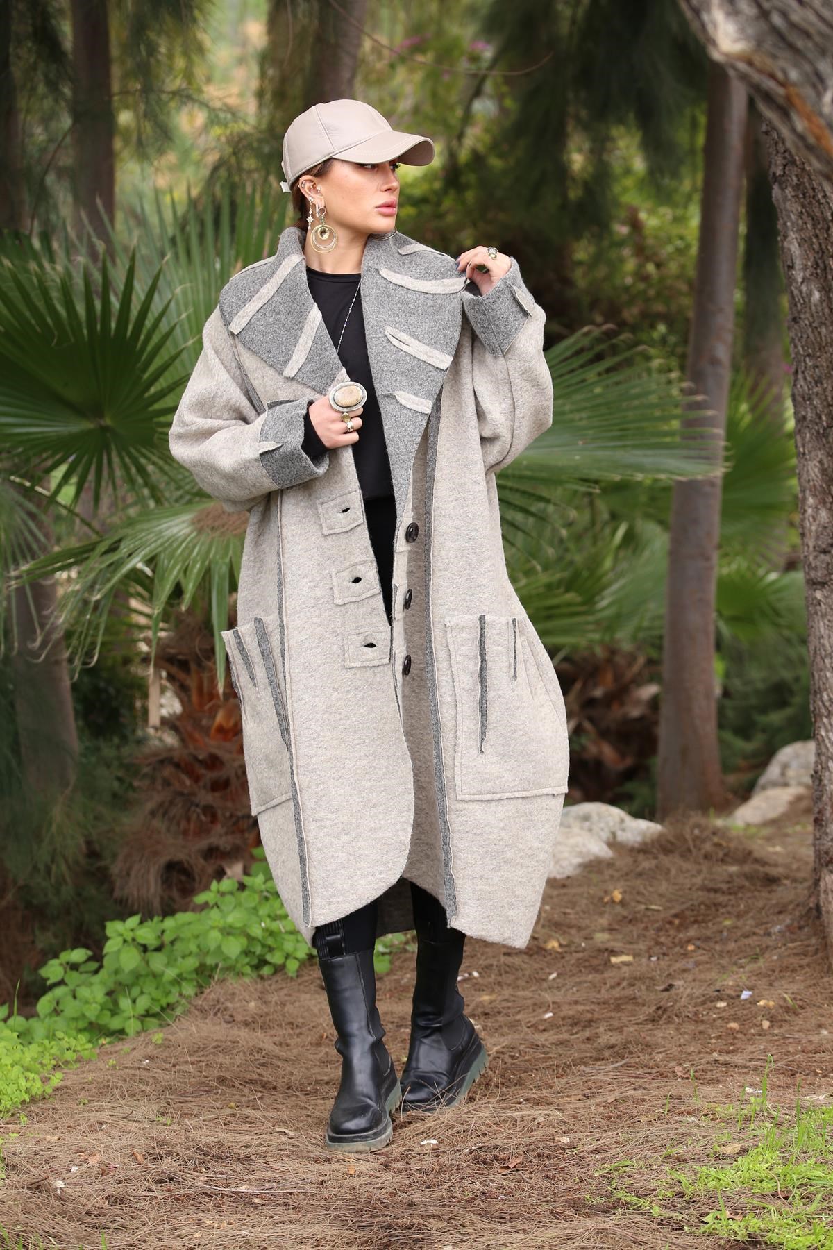 Grey Shawl Collar Big Pocket Three Button Felt Topcoat - Saman Butik | Shop Online Grey Shawl Collar Big Pocket Three Button Felt Topcoat