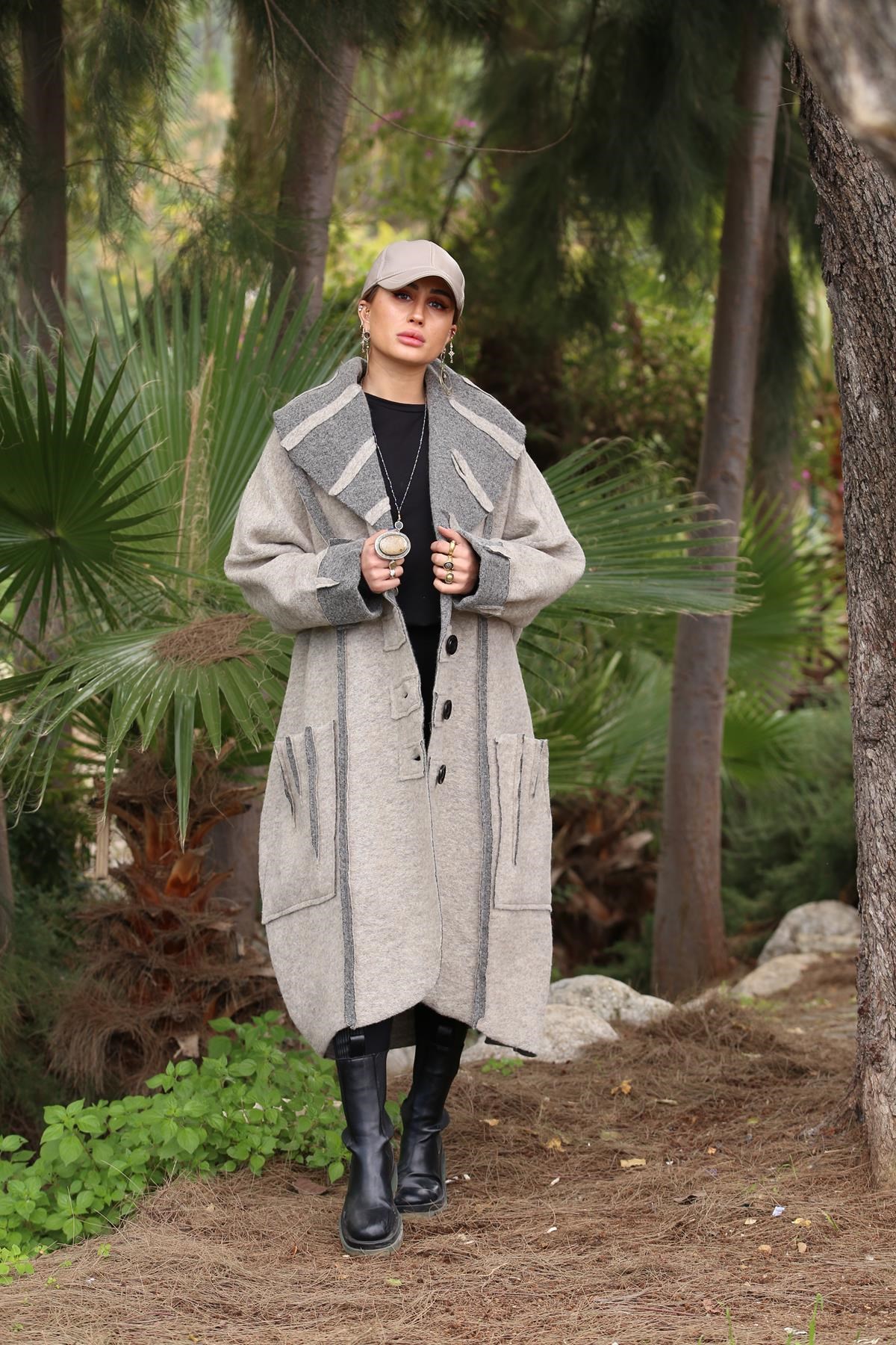 Grey Shawl Collar Big Pocket Three Button Felt Topcoat - Saman Butik | Shop Online Grey Shawl Collar Big Pocket Three Button Felt Topcoat