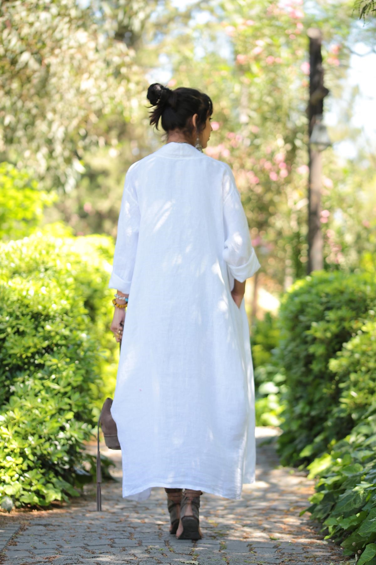  Beyaz Kulaklı Keten Kaftan