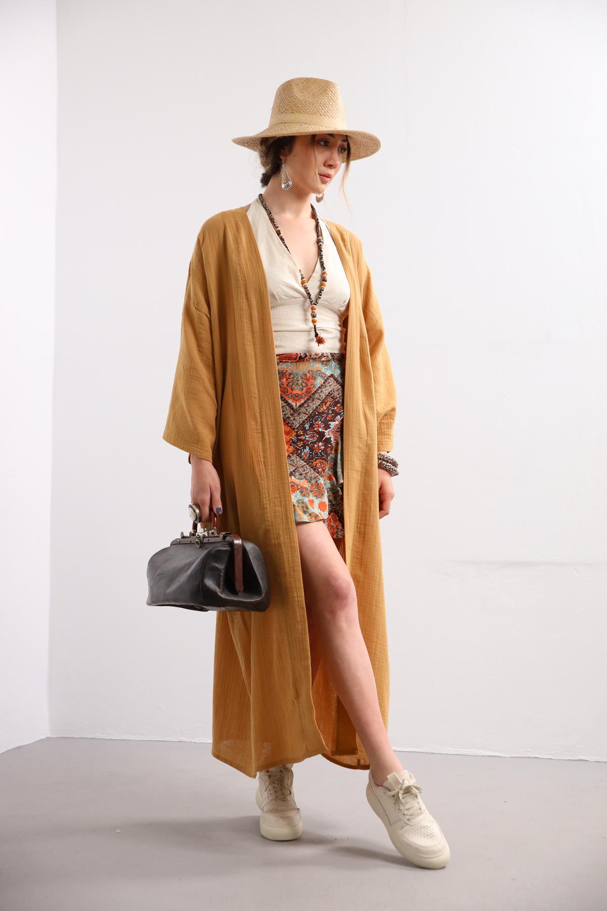  Camel Rengi Kuşaklı Uzun Kaftan