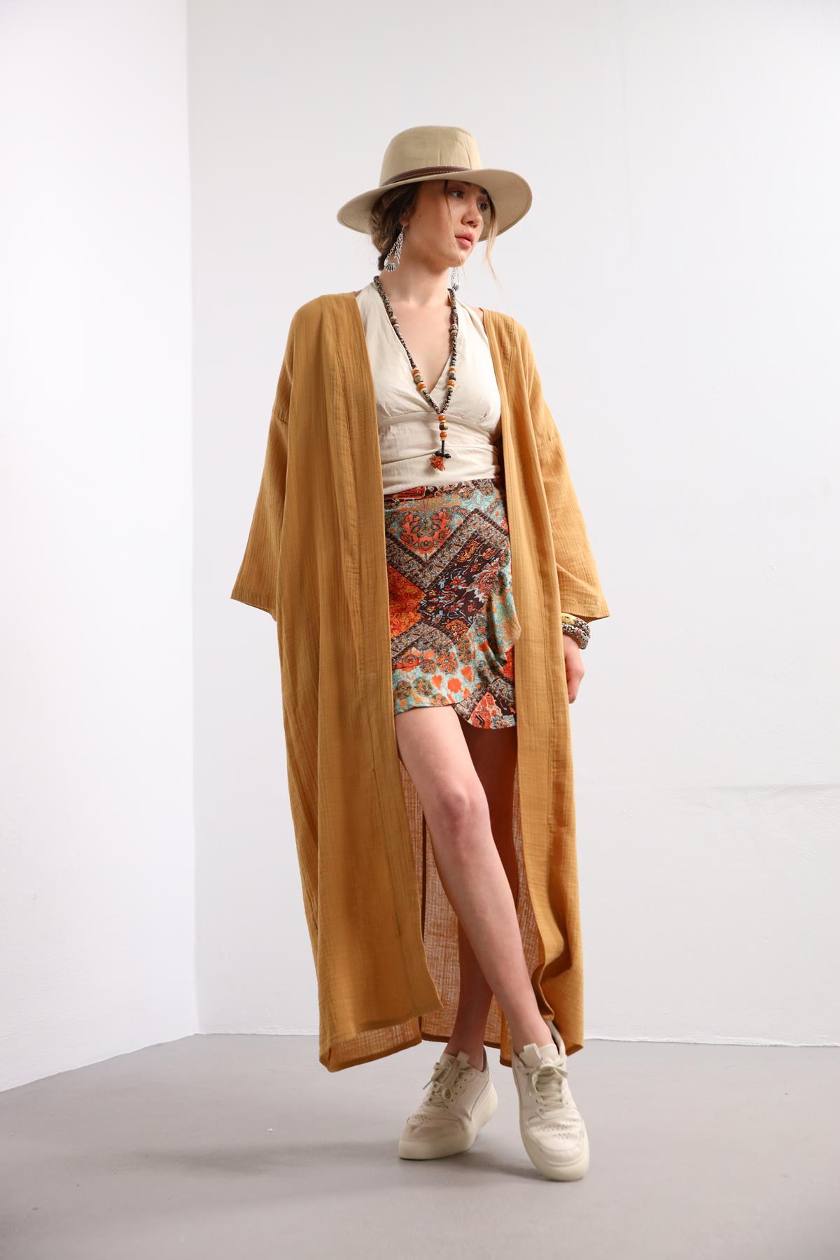  Camel Rengi Kuşaklı Uzun Kaftan