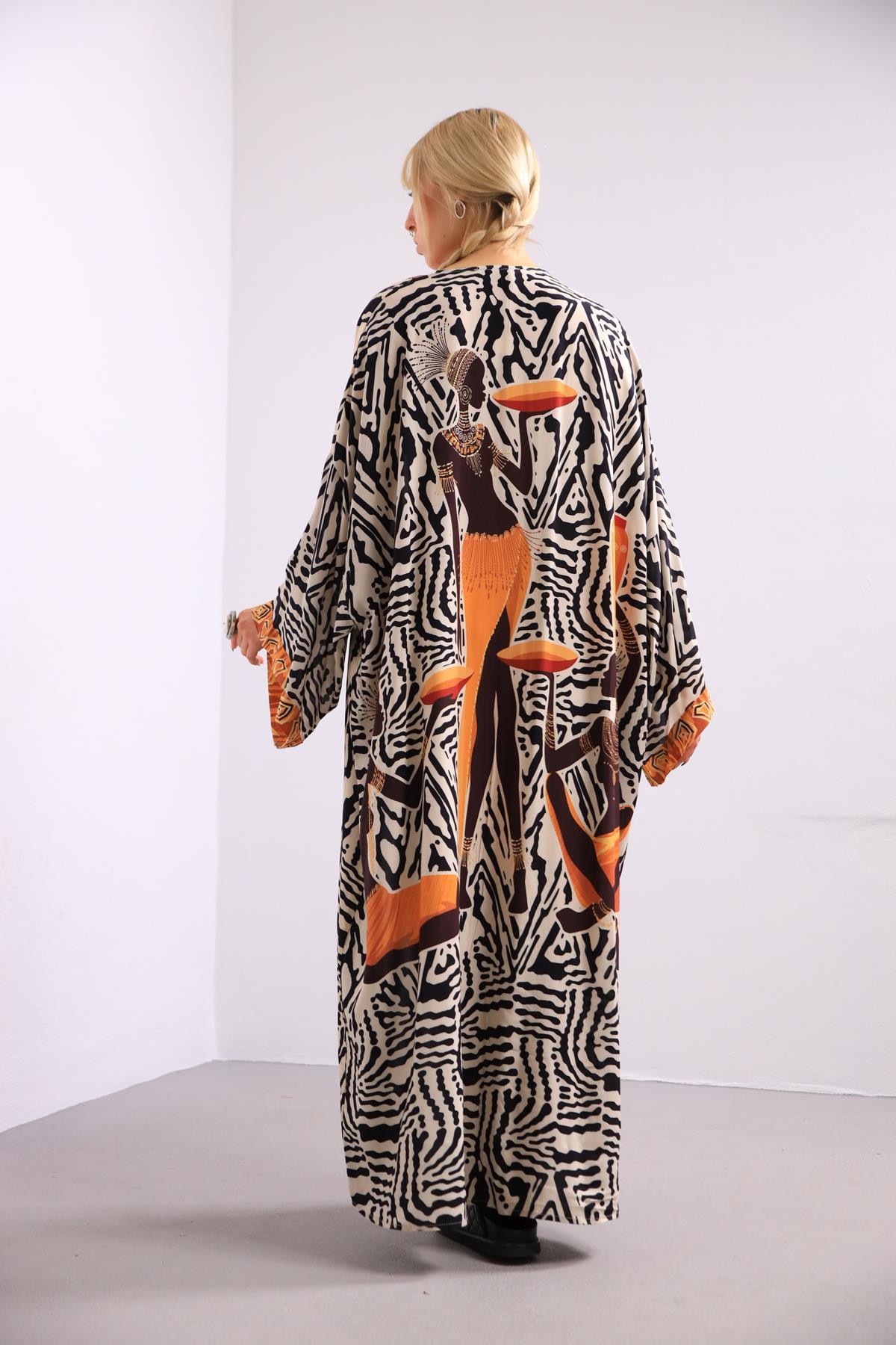 Ekru Turuncu Kadın Dengesi Desenli Kimono - Şaman Butik Ekru Turuncu Kadın Dengesi Desenli Kimono