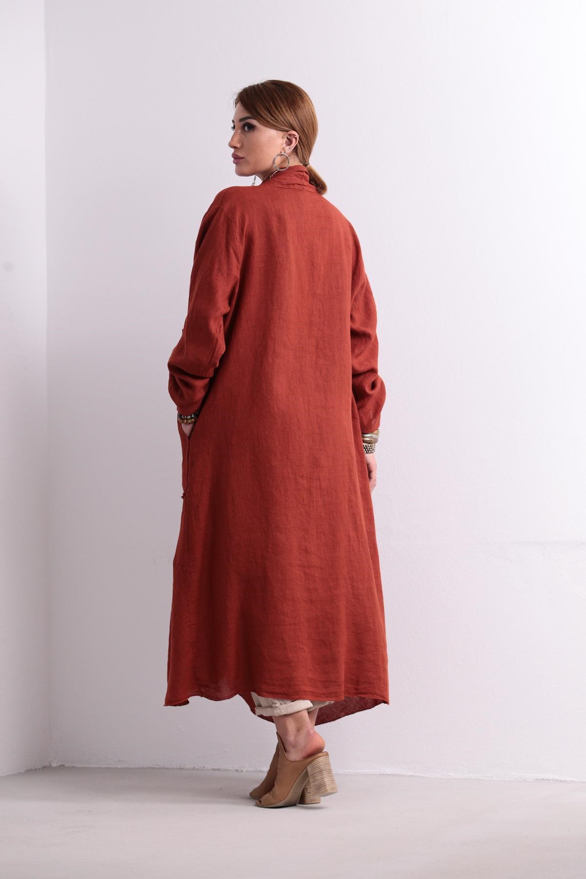 Kiremit Rengi Cebi Düğmeli Keten Kaftan - Şaman Butik Kiremit Rengi Cebi Düğmeli Keten Kaftan