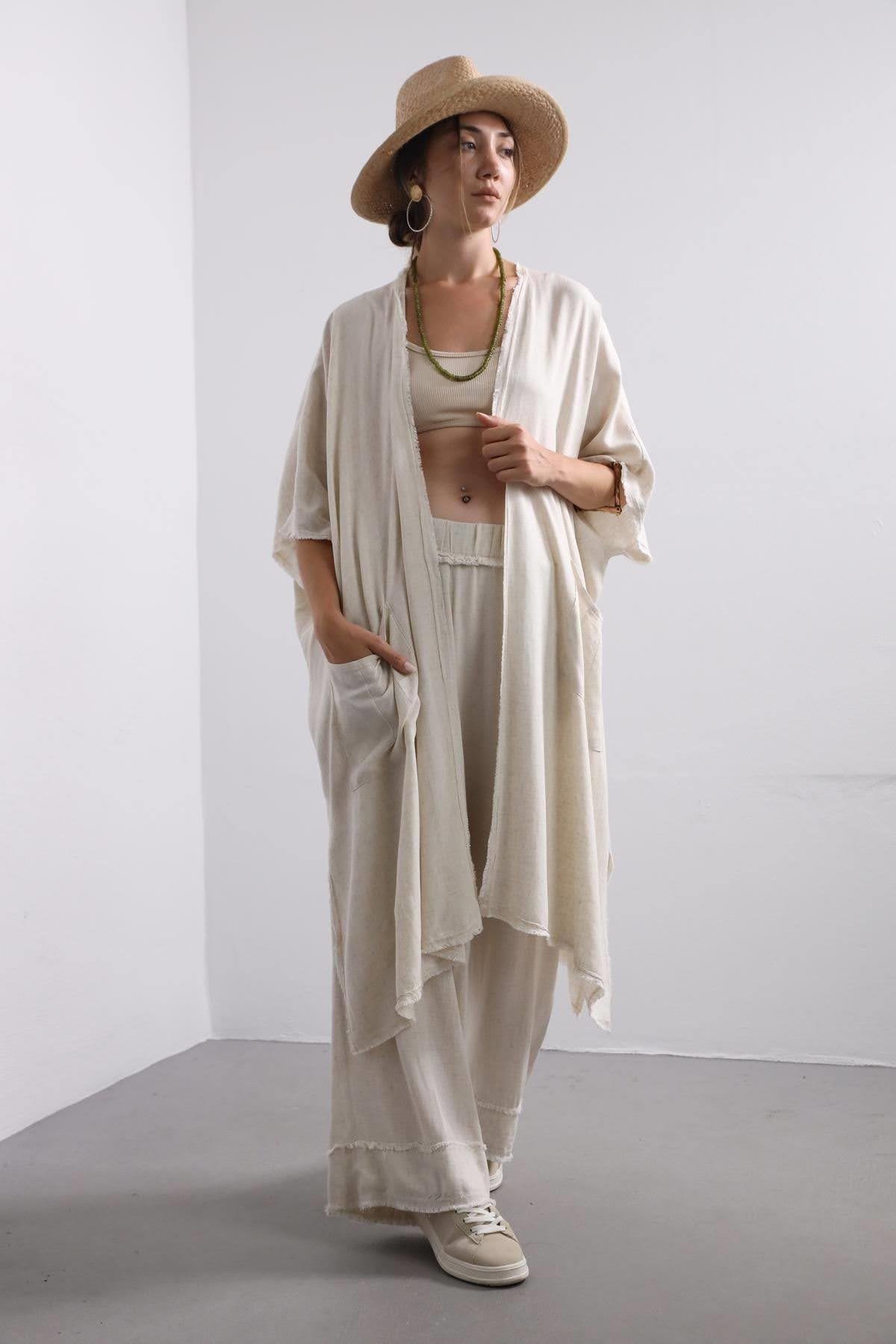  Krem Rengi Püsküllü Salaş Kısa Kollu Kaftan