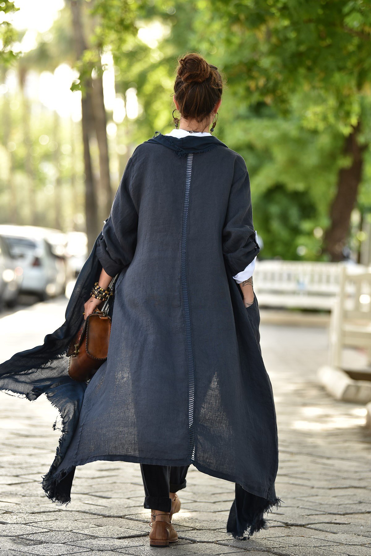 Lacivert Sırt Detaylı Keten Kaftan - Şaman Butik Lacivert Sırt Detaylı Keten Kaftan
